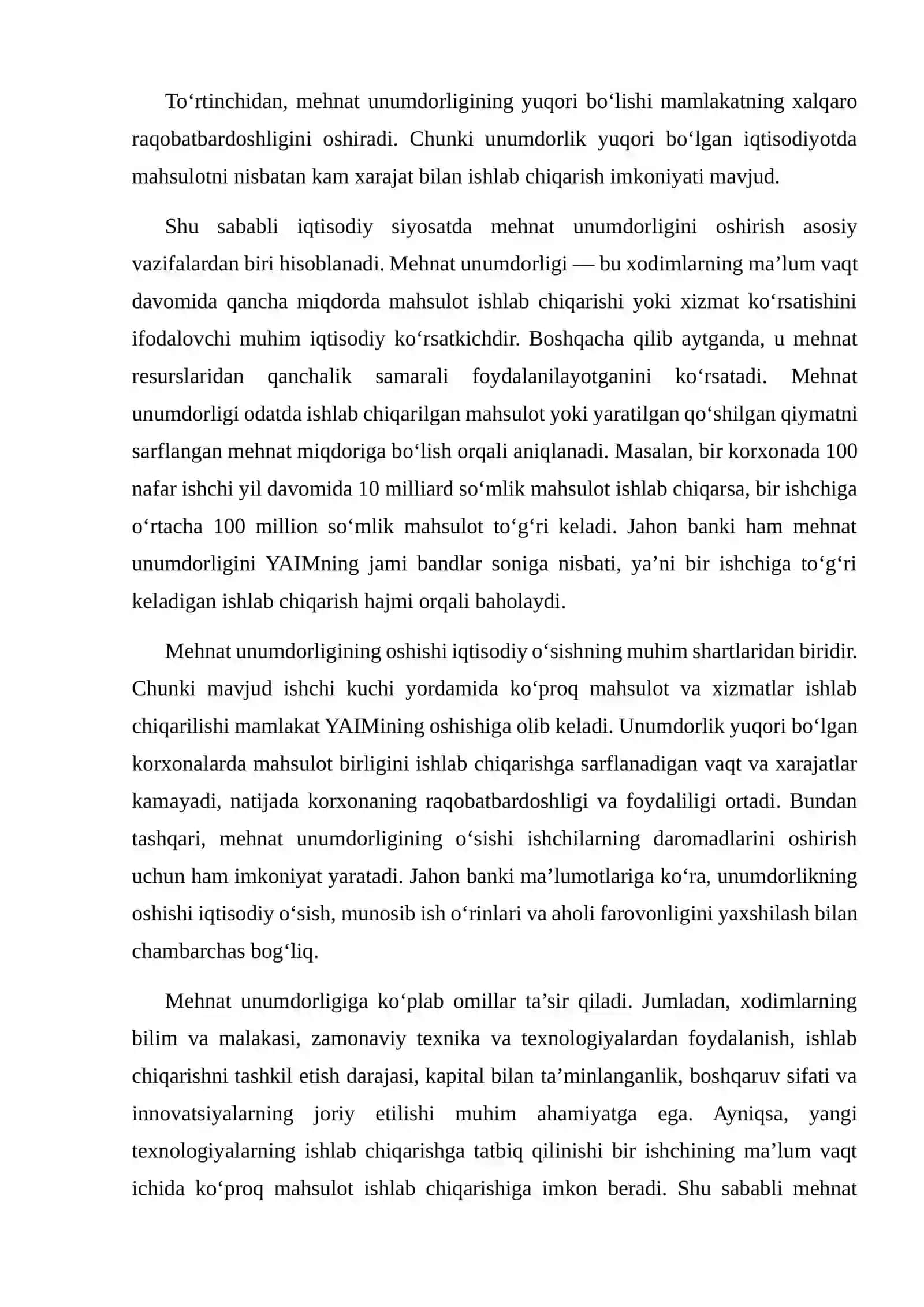 MEHNAT UNUMDORLIGI VA TEXNOLOGIK TARAQQIYOTNING IQTISODIY O‘SISHDAGI ROLINI STATISTIK MA’LUMOTLAR ASOSIDA BAHOLASH 4