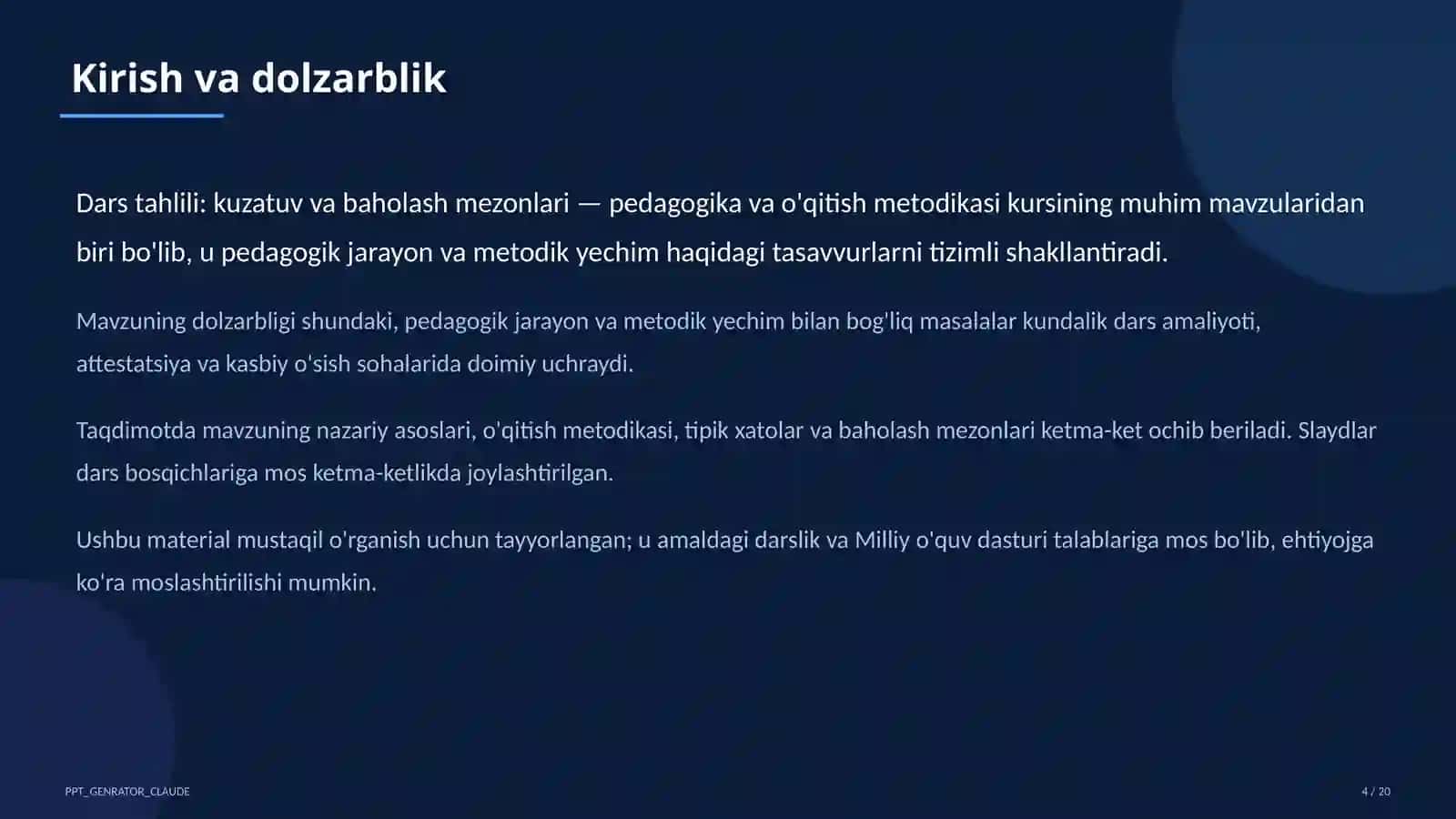 Dars tahlili: kuzatuv va baholash mezonlari 4