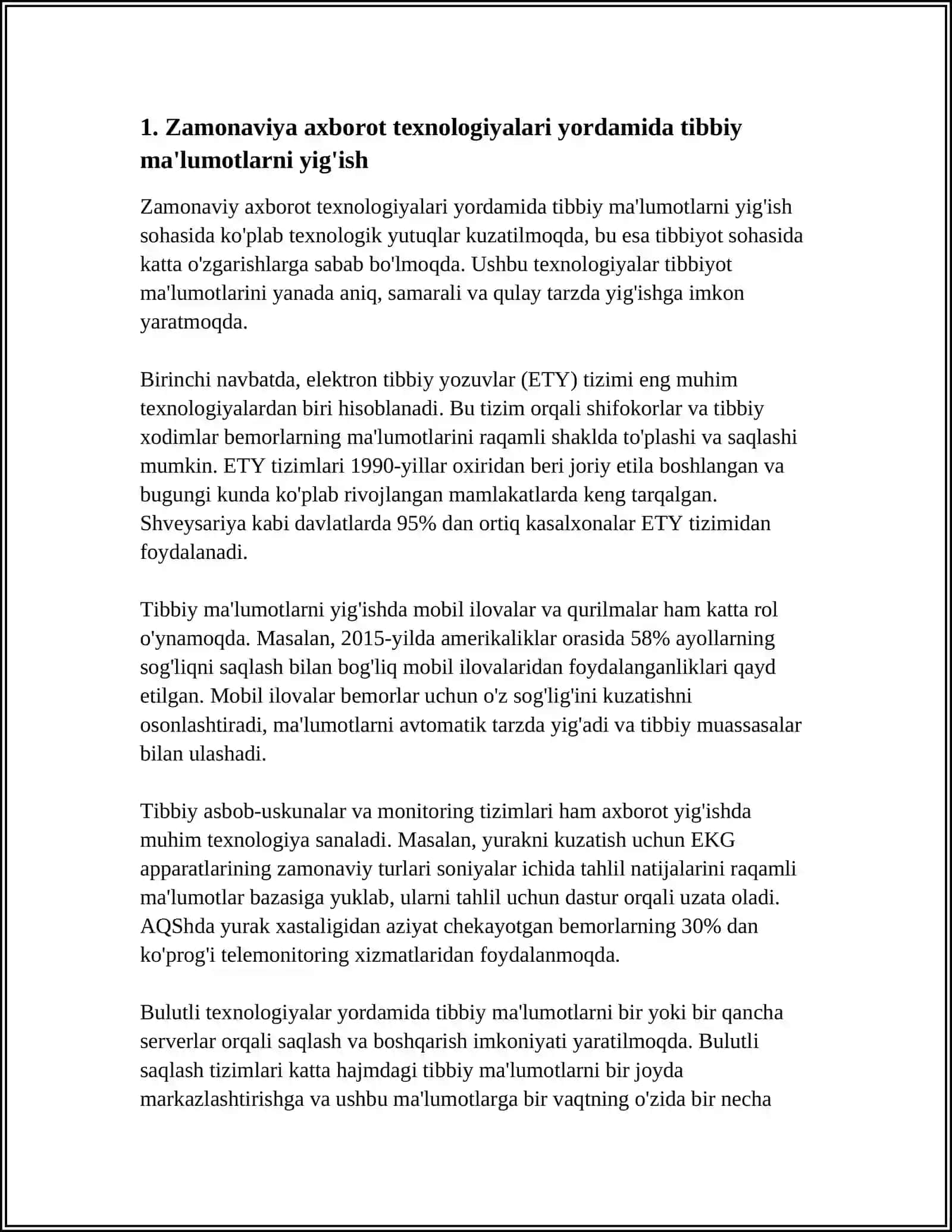 ZAMONAVIY AXBOROT TEXNOLOGIYALARINING BUGUNGI KUNDA FOYDALANISH DARAJASI ULARNI TIBBIYOTNING TURLI SOXALARIDA MAʼLUMOT TOʻPLASHDA DIAGNOSTIKA VA DAVOLASHDA TUTGAN OʻRNI 4