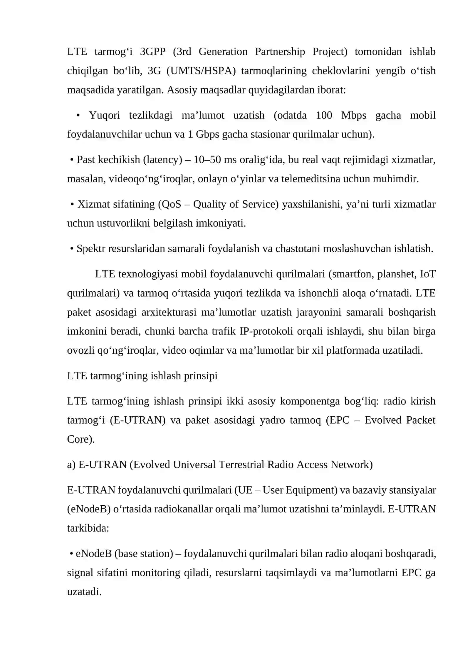 4G (LTE) tarmog'ining arxitekturasi va afzalliklari 4