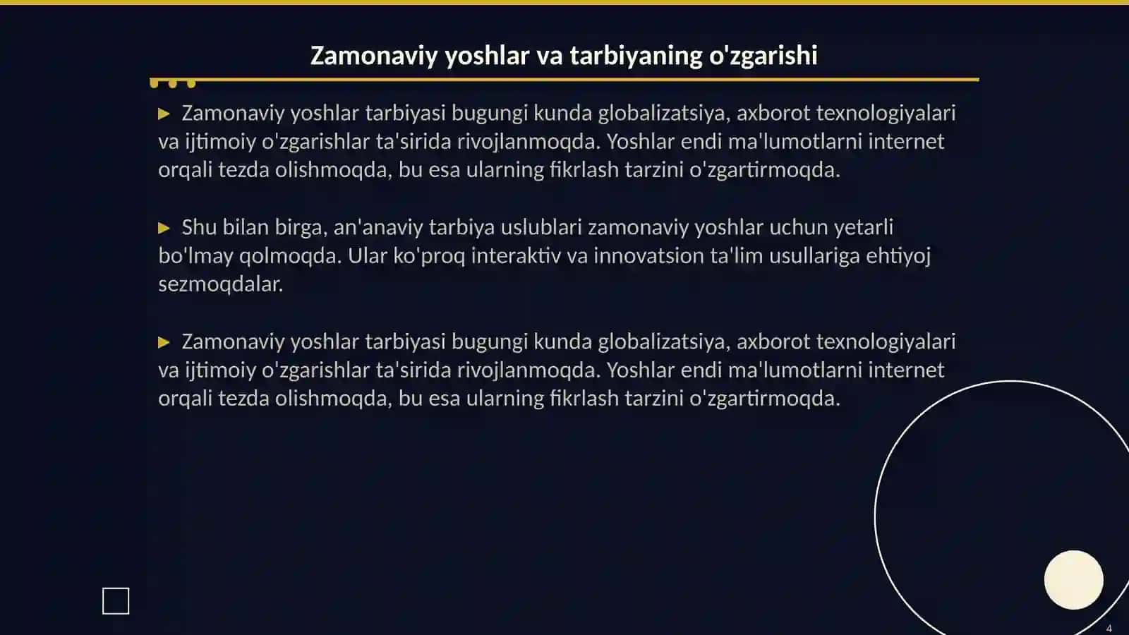 Behbudiyning"Yoshlarga murojaat" maqolasini zamonaviy yoshlar uchun tarbiyaviy ahamiyati izohlab bering 4