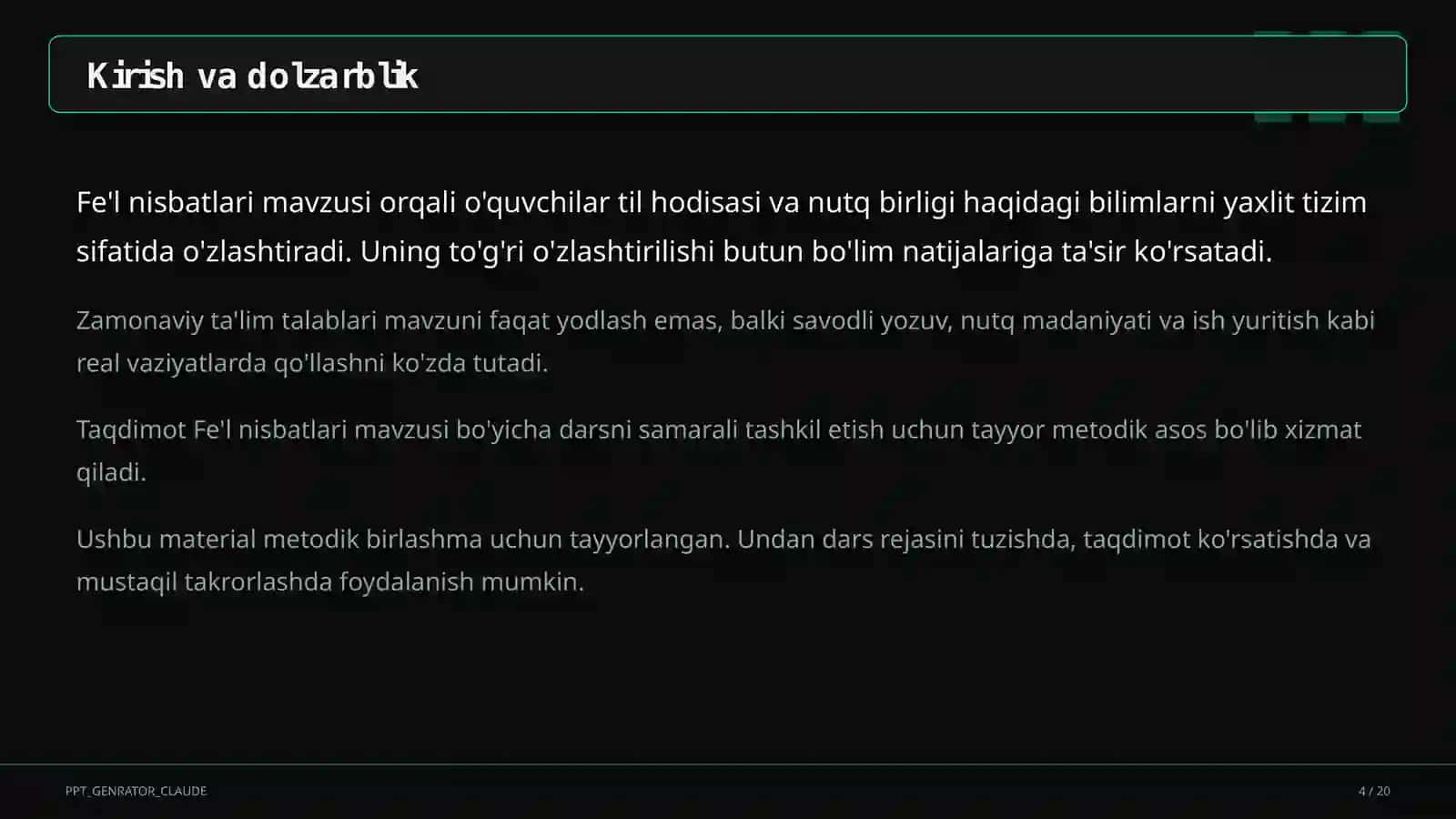 Fe'l nisbatlari (7-sinf) Ona tili (5– 11) - metodik birlashma uchun 4