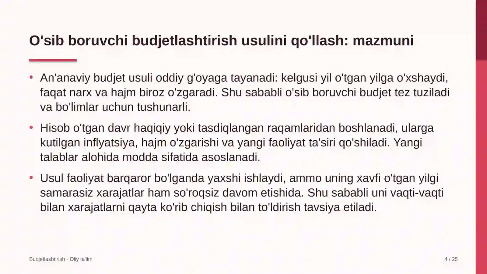 Ko'rgazma zallarida o'sib boruvchi budjetlashtirish usulini qo'llash 4