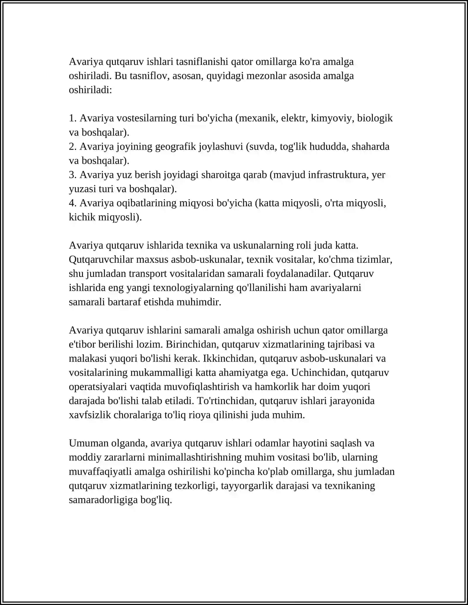 AVARIYA QUTQARUV ISHLARI HAQIDA TUSHUNCHA, TURLARI VA TASNIFLANISHI 4