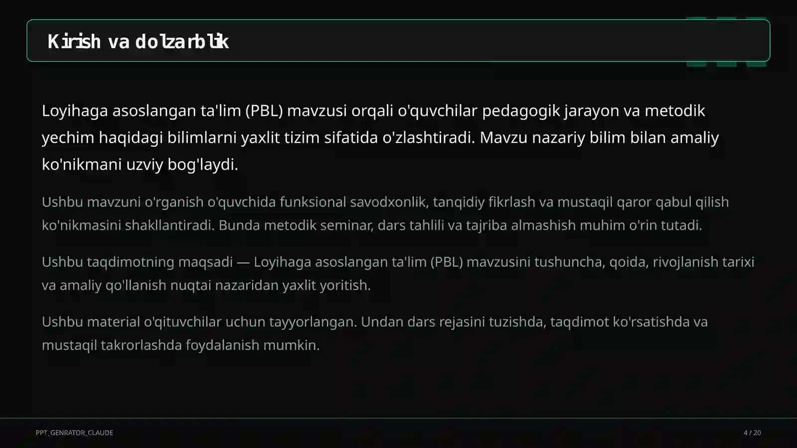 Loyihaga asoslangan ta'lim (PBL) 4