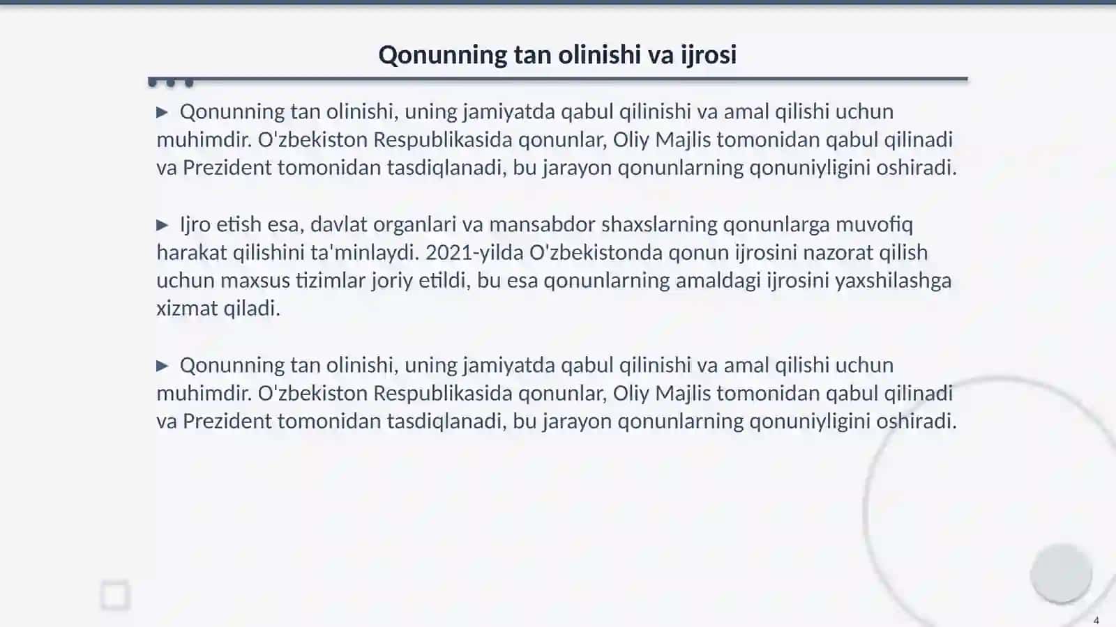 Konstitutsiya va qonunning ustunligi hamda ularning tan olinishi va bajarilishi shartligi 4