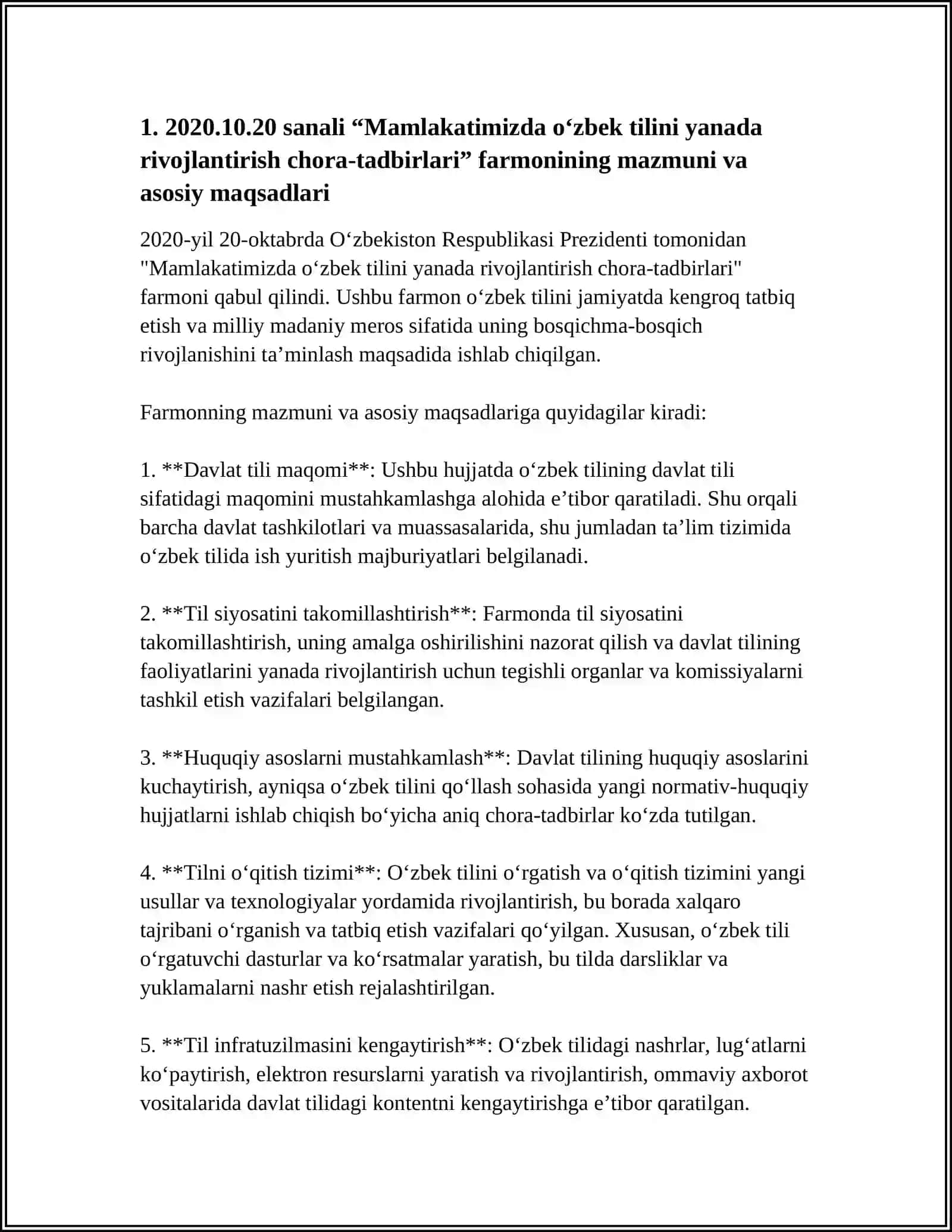 Mavzu: ÓZBEKISTON RESPUBLIKASI PREZIDENTINING "MAMLAKATIMIZDA OʻZBEK TILIN YANADA RIVOJLANTIRISH CHORA TADBIRLARI TOGRISIDAGI FARMONI(2020.20.10) NING MAZMUN - MOHIYATI 4