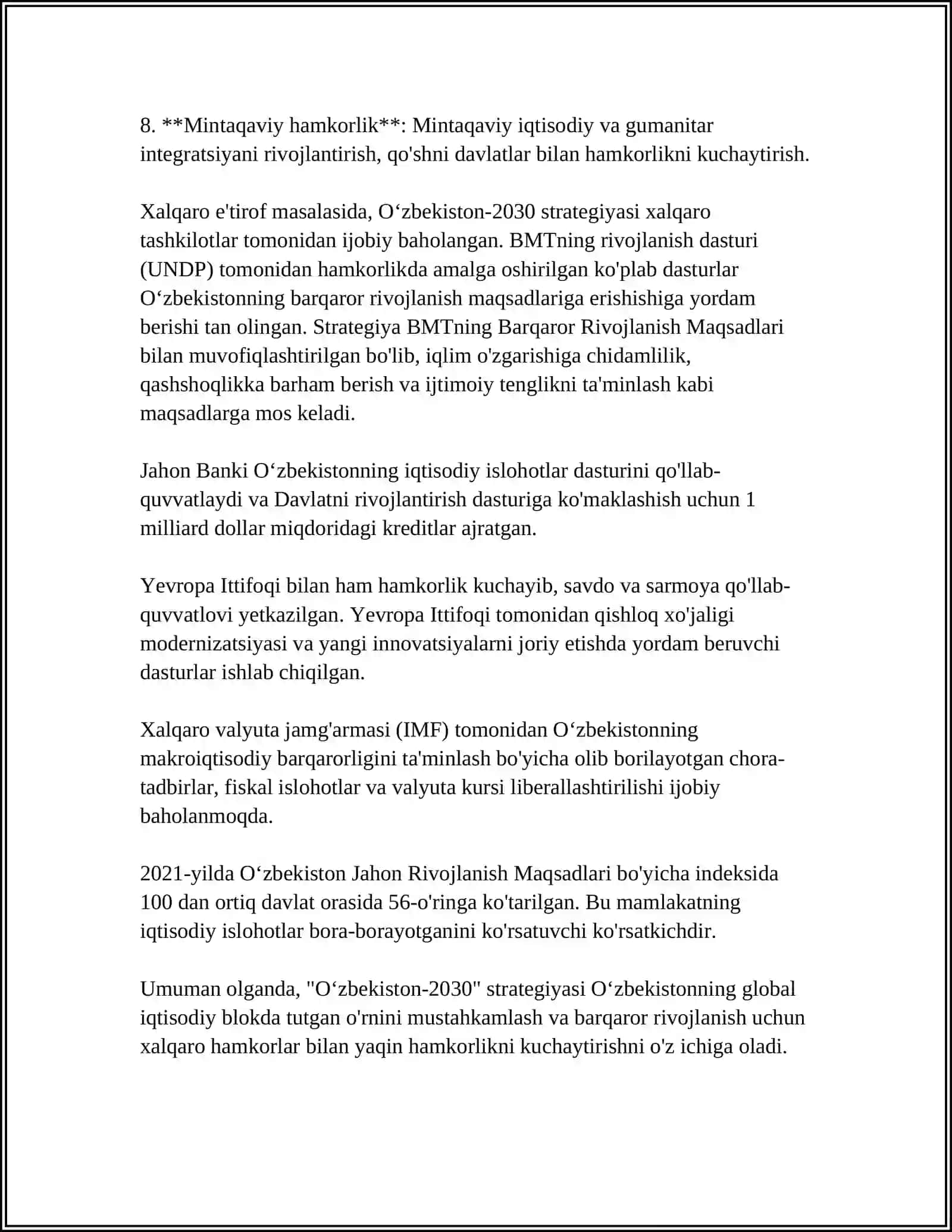 O‘zbekiston-2030 Strategiyasi va uning xalqaro hamjamiyat tomonidan e'tirof etilishi 4