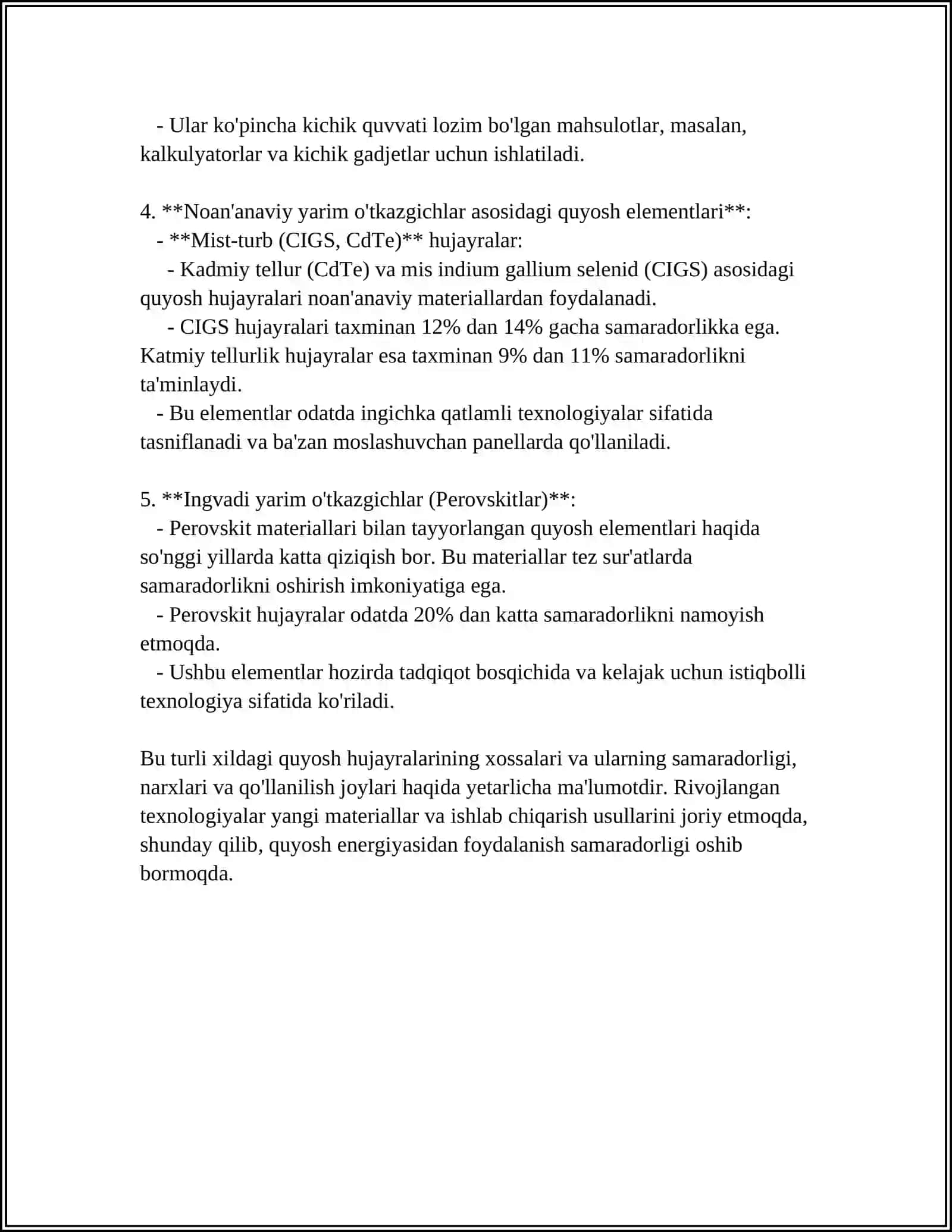 QUYOSH FOTOELEKTRIK ELEMENTLARI VA MODULLARI. OPTIK TOLALI TIZIMLAR 4