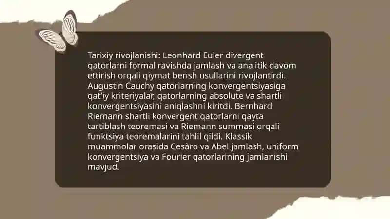 Uzoqlashuvchi qatorlarni jamlash mavzusiga matematikanaliz faniga oid taqdimot 4