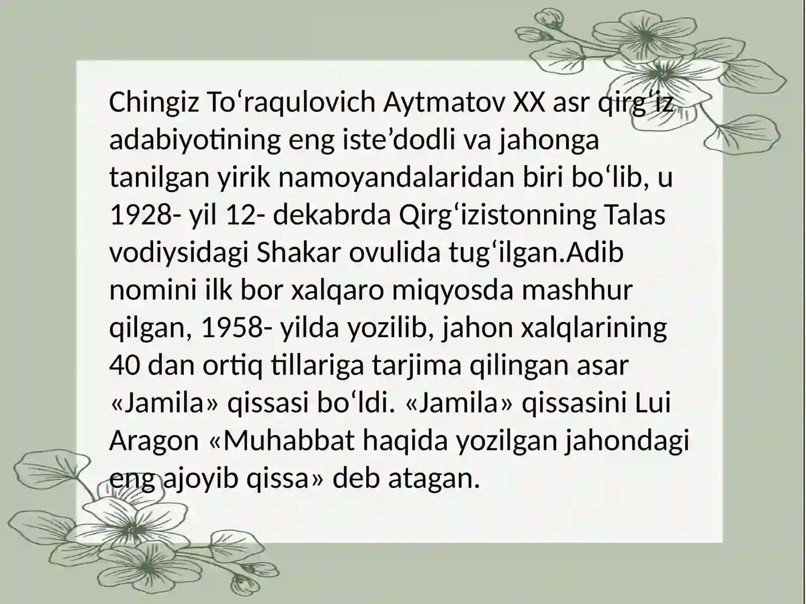 Chingiz Aytmatovning "Oq kema", "Sohil bo'ylab chopayotgan olapar" qissalari tahlili 4
