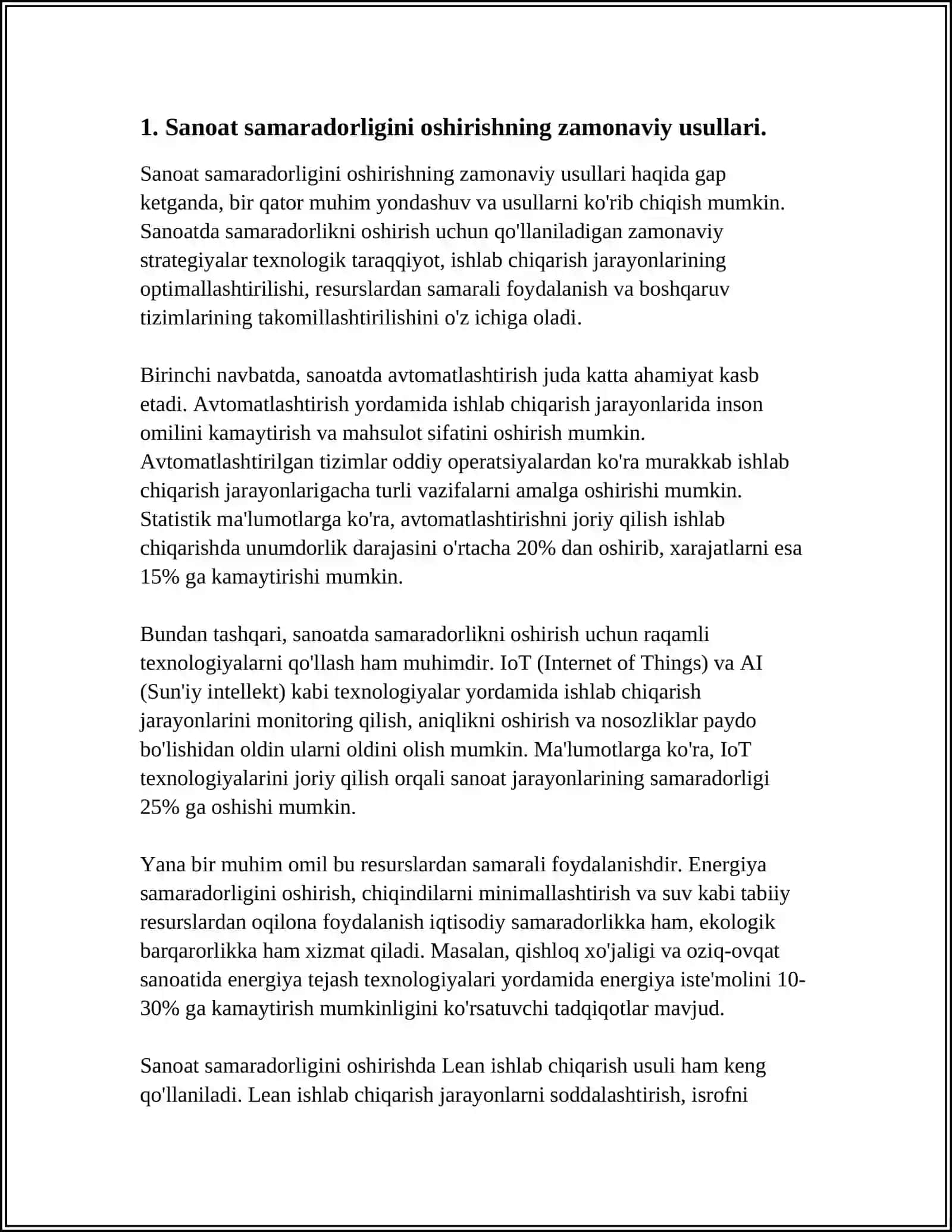 Sanoat Samaradorligini Oshirishning Intisiv Omillarini va Sanoatda Qulashi Sag Gilami Zavodi Timsoli Da Referat 4