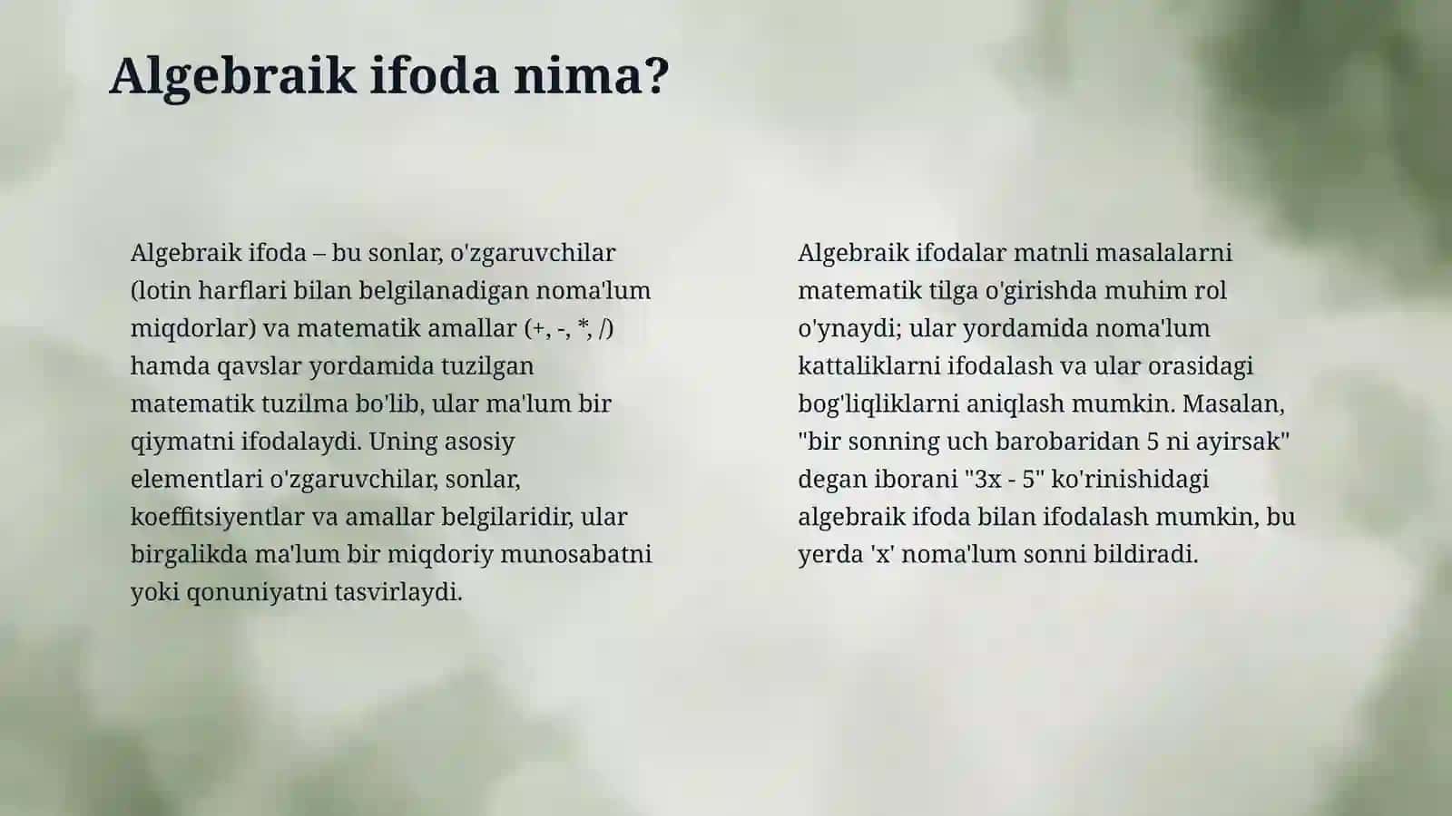 6-sinf matematika. Algebraic ifodalar 4