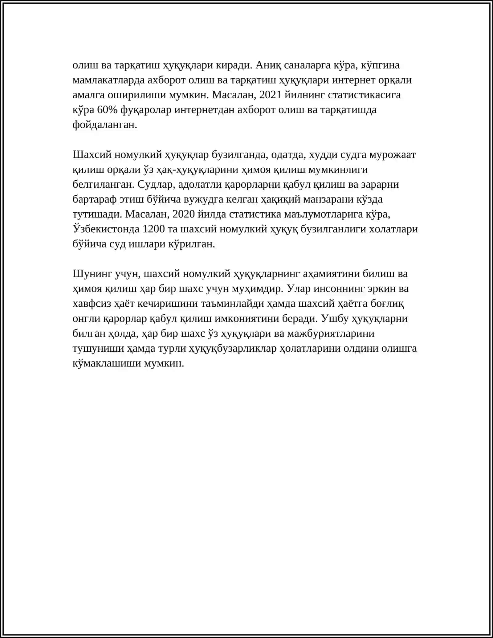 MUSTAQIL ISH Mavzu: ШАХСИЙ НОМУЛКИЙ МУНОСАБАТ 4