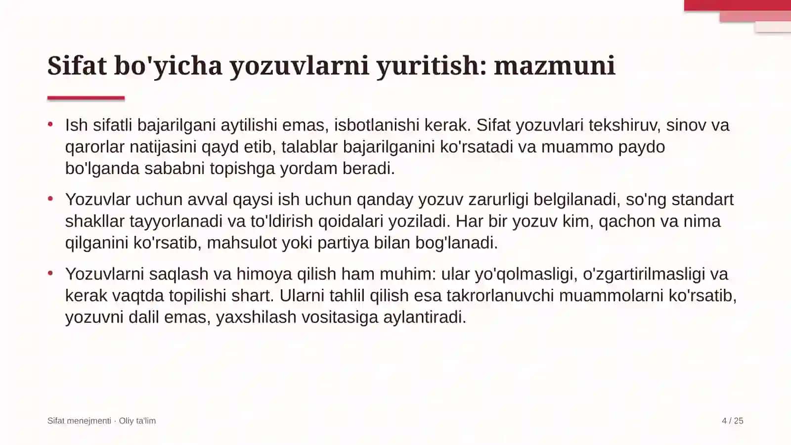 yetkazib berish xizmatlarida sifat bo'yicha yozuvlarni yuritish 8342 4