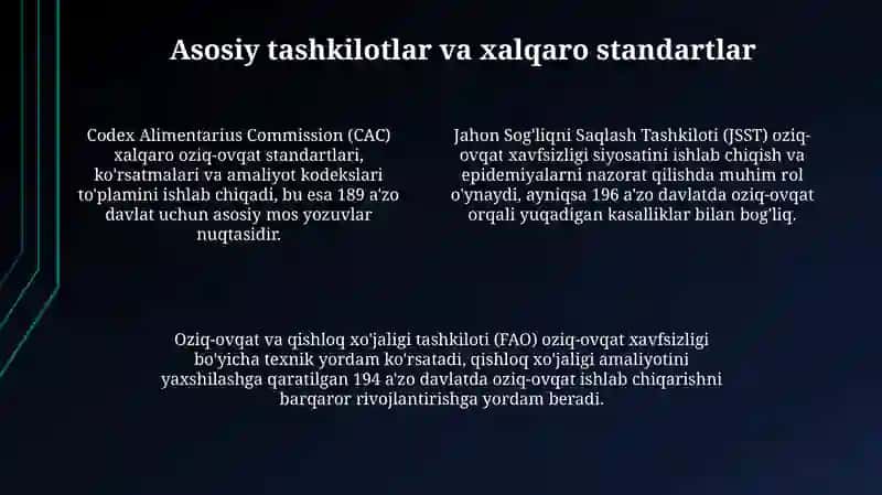 Oziq ovqat mahsulotlari xavfsizligi bilan shug'ullanuvchi xalqaro tizimlar 4