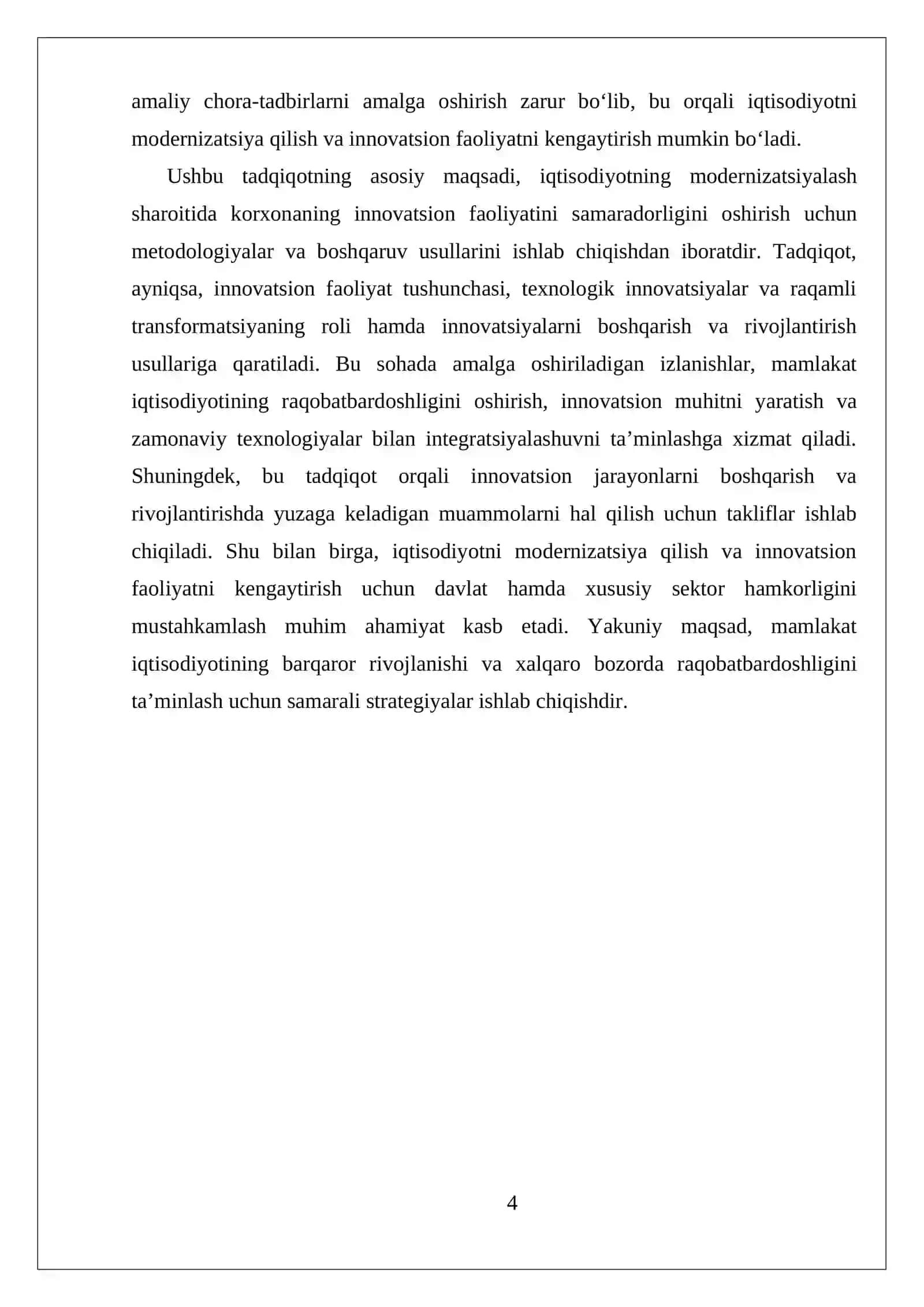 MUSTAQIL ISH IQTISODIYOTNNI MODERNIZATSIYALASH SHAROITIDA KORXONANING INNOVATSION FAOLIYATI SAMARADORLIGINI OSHIRISH 4
