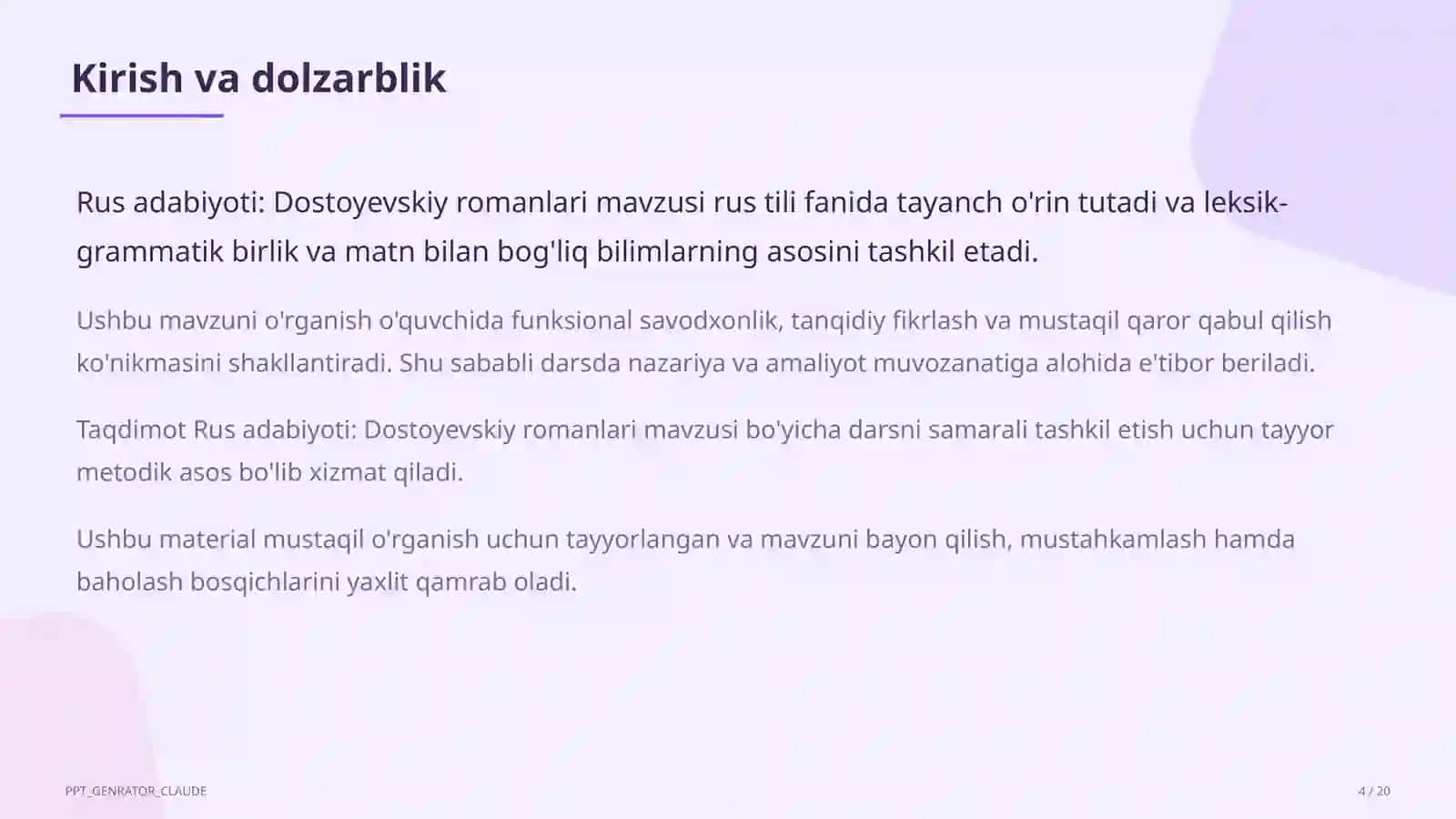 Rus adabiyoti: Dostoyevskiy romanlari (11-sinf) 4