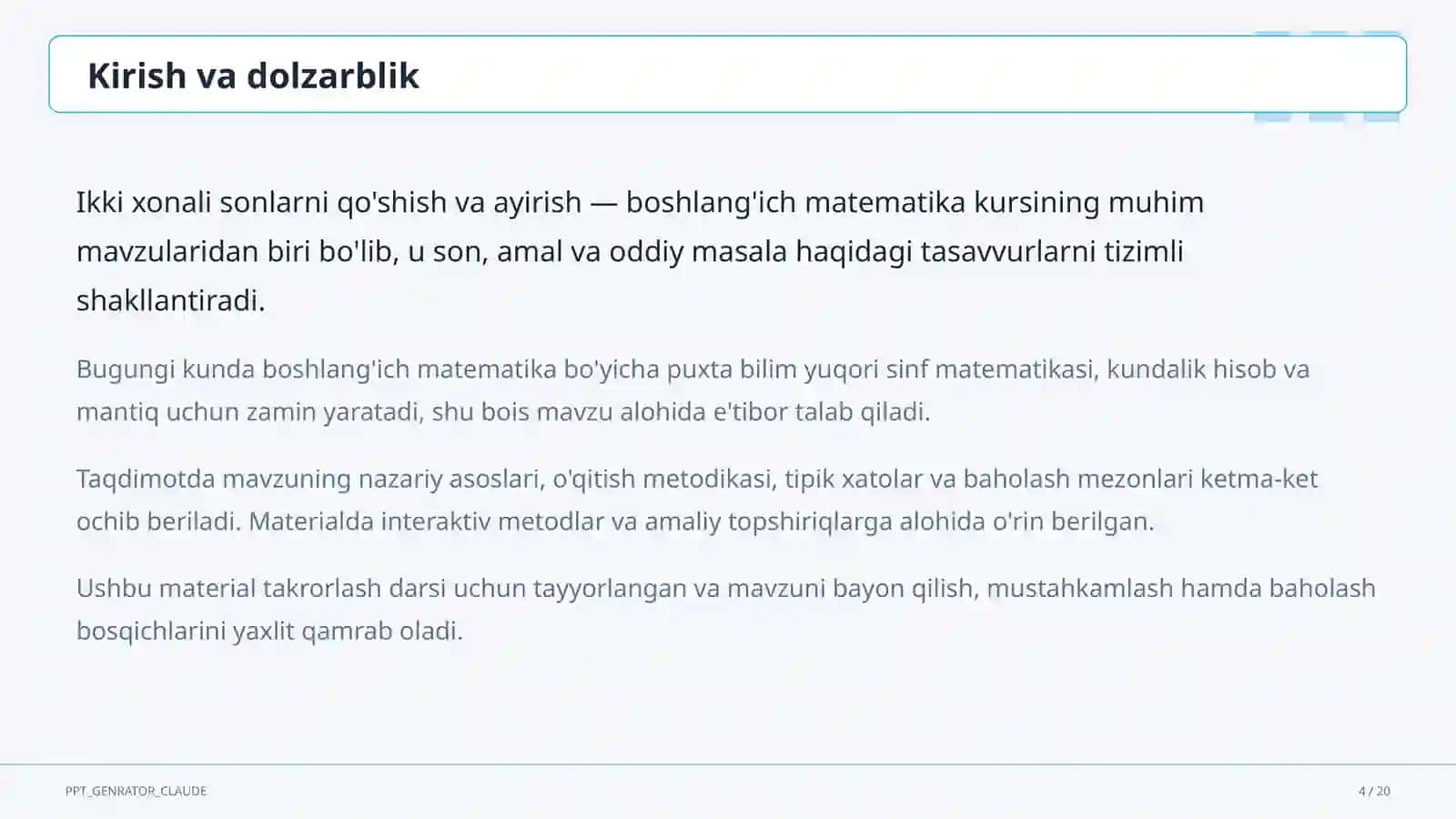 Ikki xonali sonlarni qo'shish va ayirish (2-sinf) 4