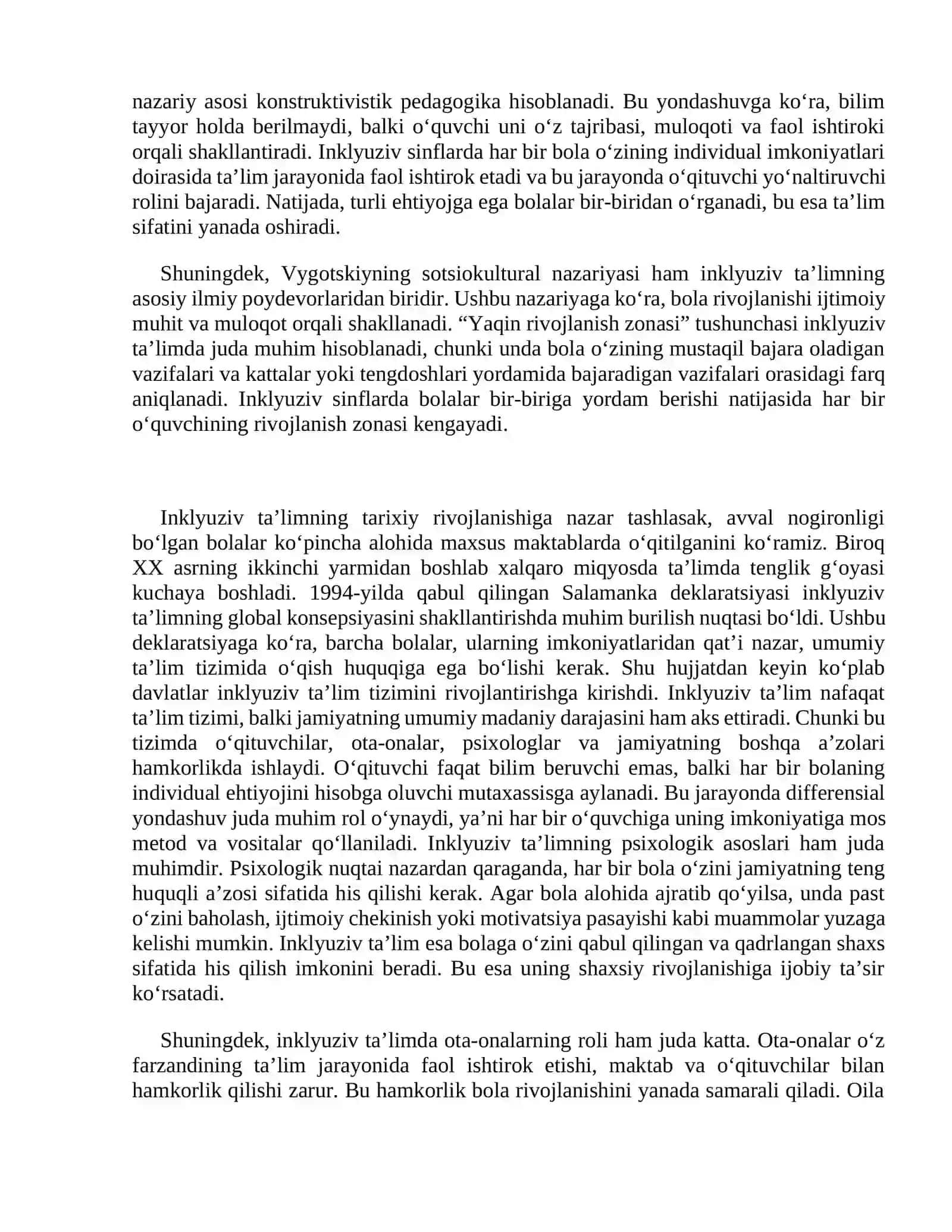 TAʼLIM EHTIYOJLARIGA EGA BOLALARNI INKLYUZIV TAʼLIM VA TARBIYALASH KONSEPSIYALARINI XALQARO HUJJATLAR ASOSIDA O‘RGANISH 4
