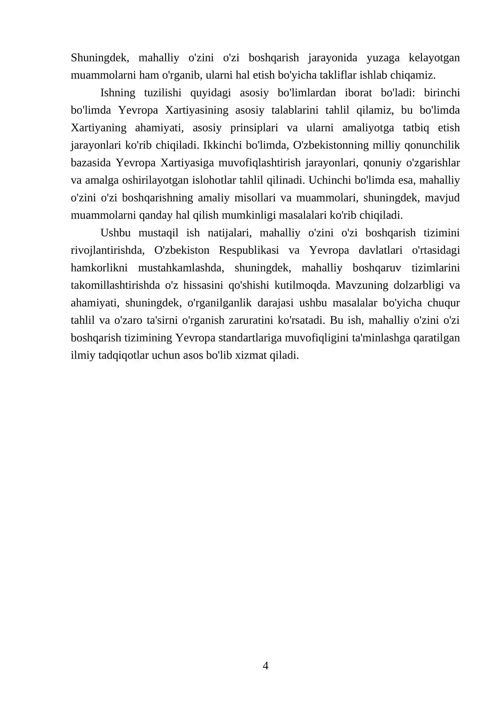 Mahalliy o'zini o'zi boshqarish to'g'risida Yevropa Xartiyasi talablari va milliy qonunchilikni unga muvofiqlashtirish istiqbollari 4