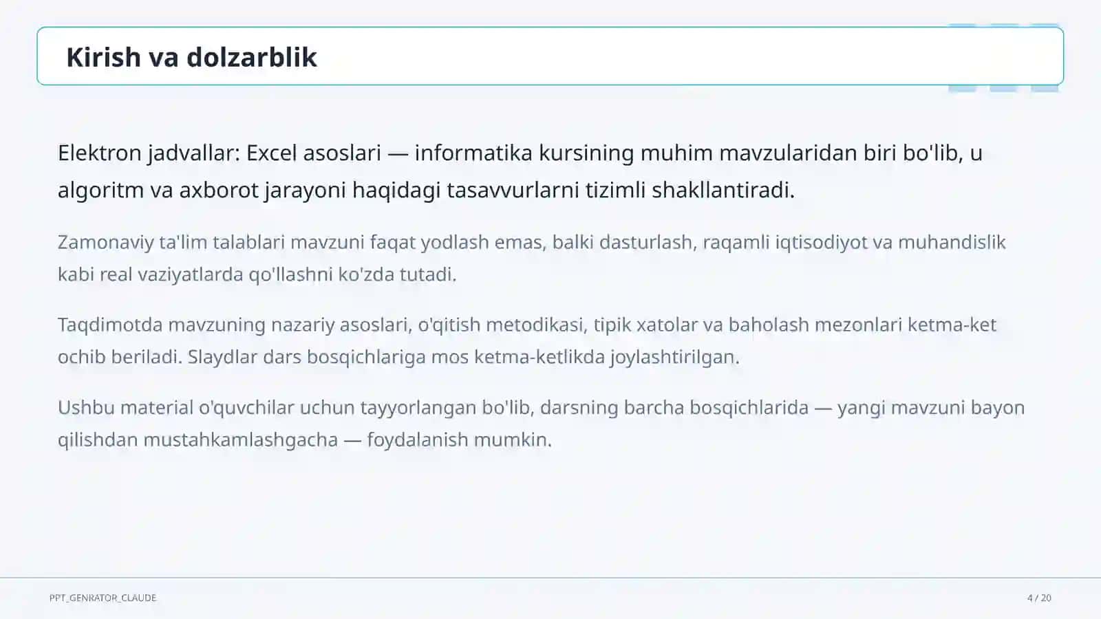 Elektron jadvallar: Excel asoslari (7-sinf) 4
