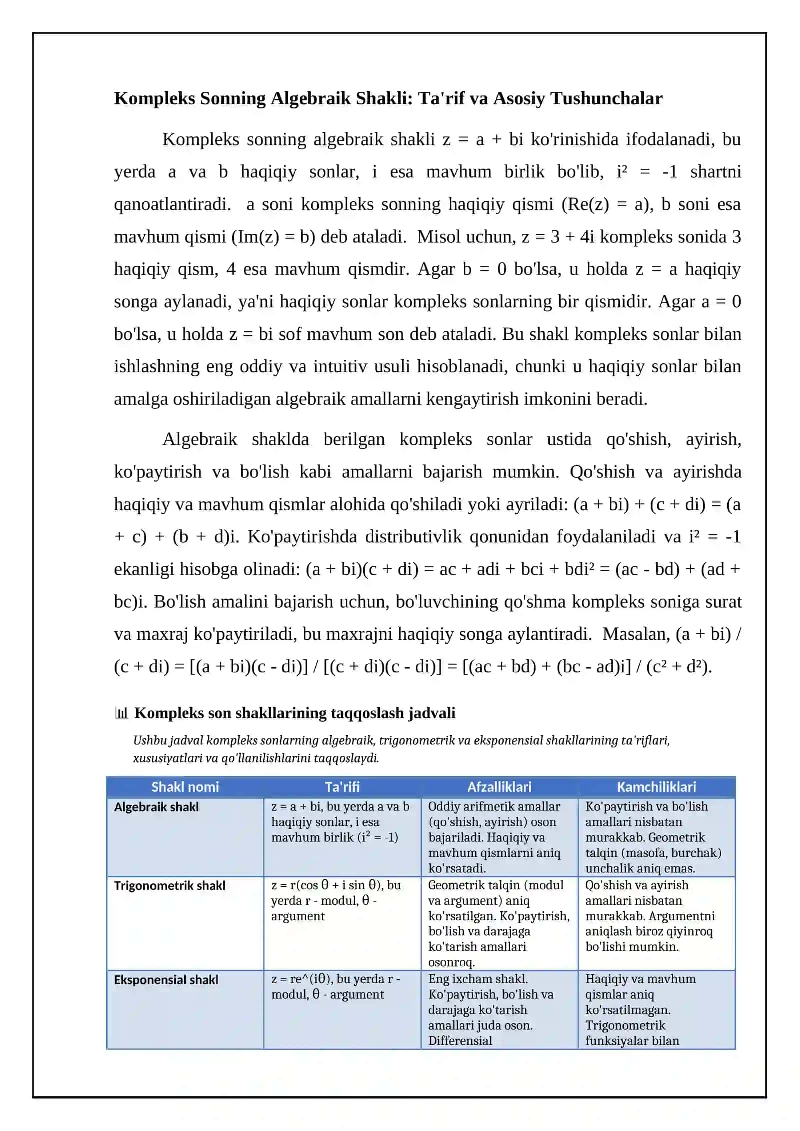 Hisob (. kompleks sonning algebraik , trigonometrik va korsatkichli shakl 4