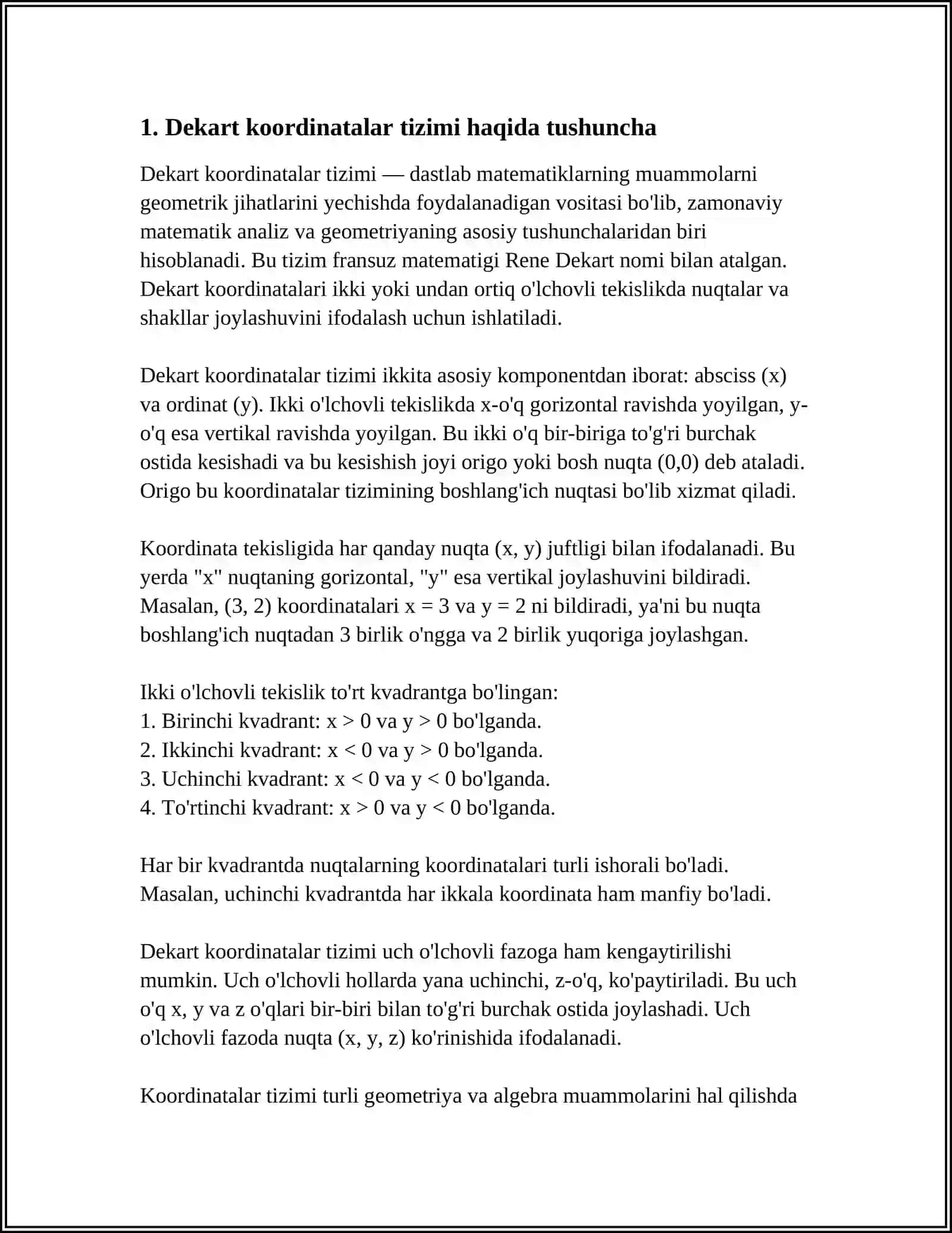 YOY UZUNLIGI DEKART KOORDINATALAR SISTEMASIDA HISOBLASH 4