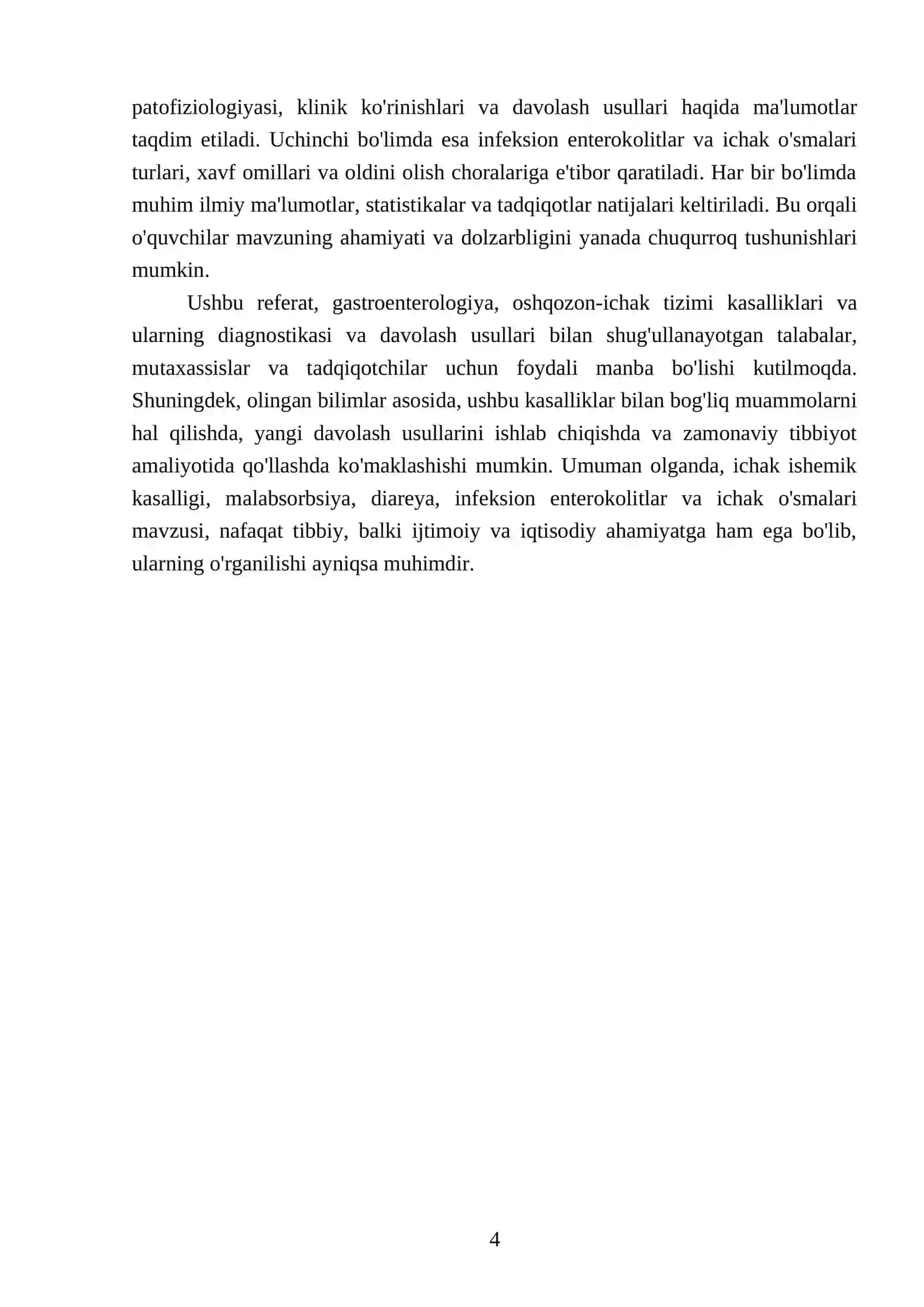 Ichak ishemik kasalligi. Malabsorbsiya va diareya. Infeksion enterokolitlar, ichak o'smalari 4