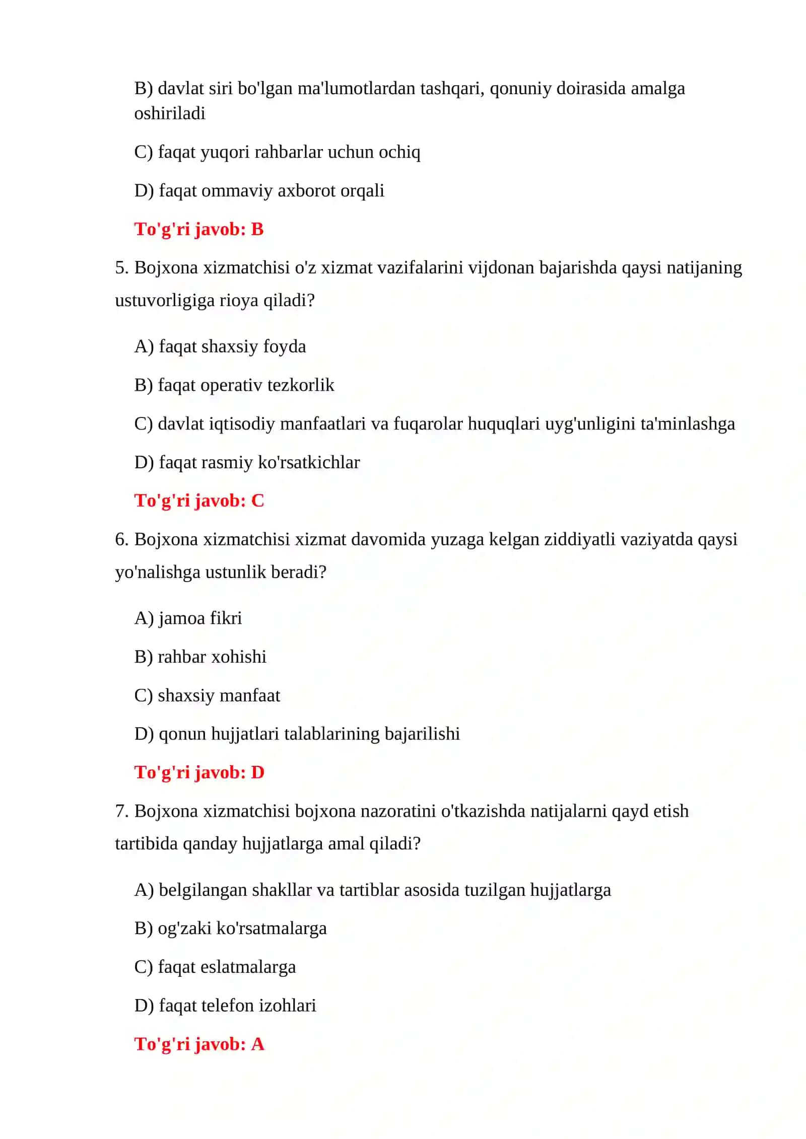 BOJXONA XIZMATINING ASOSIY VAZIFALARI TESTLARI 4