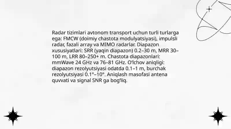 Zarur sensorlar lidar, radar va kamera 4