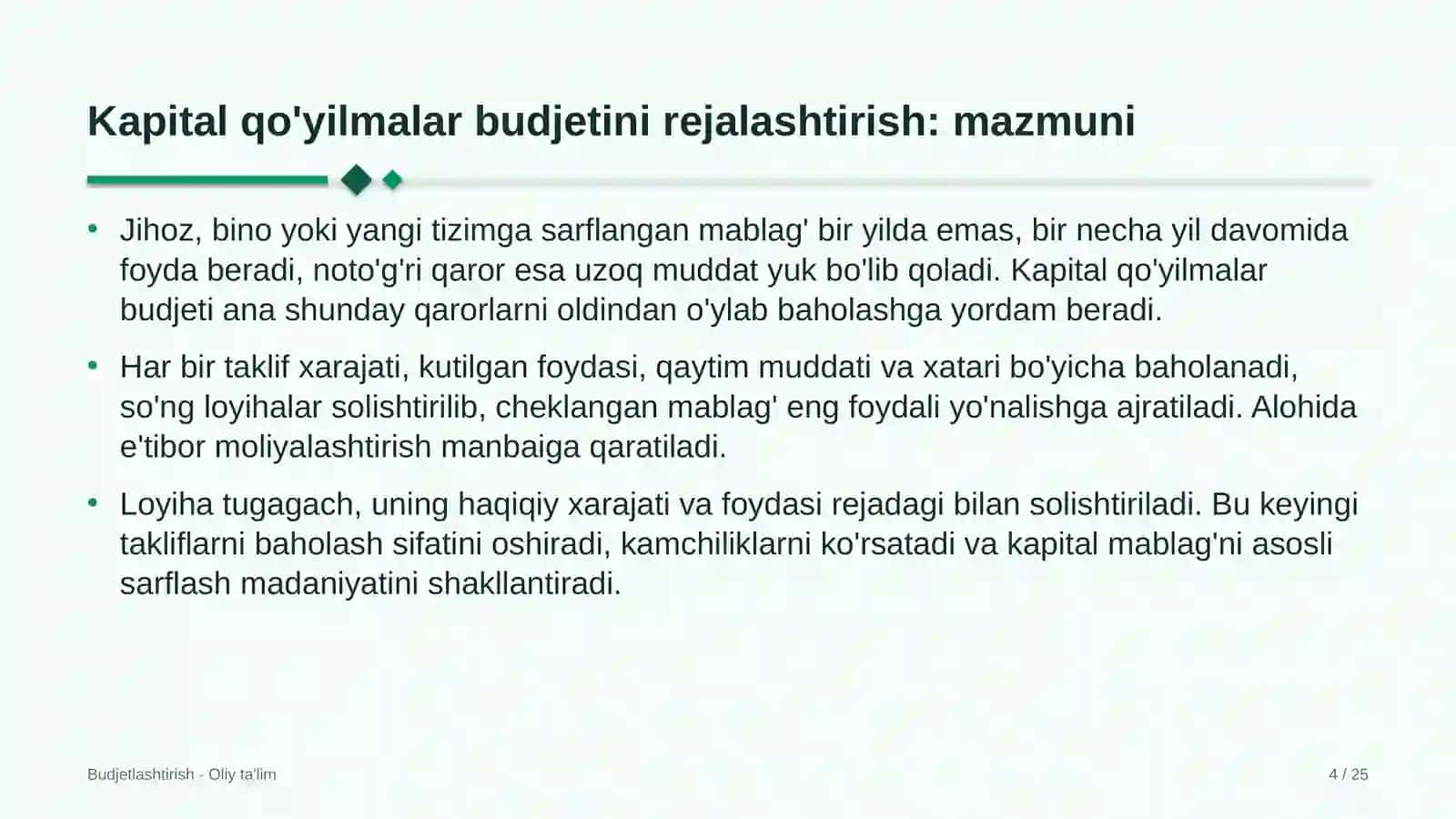 umumiy ovqatlanish korxonalarida kapital qo'yilmalar budjetini rejalashtirish 9838 4