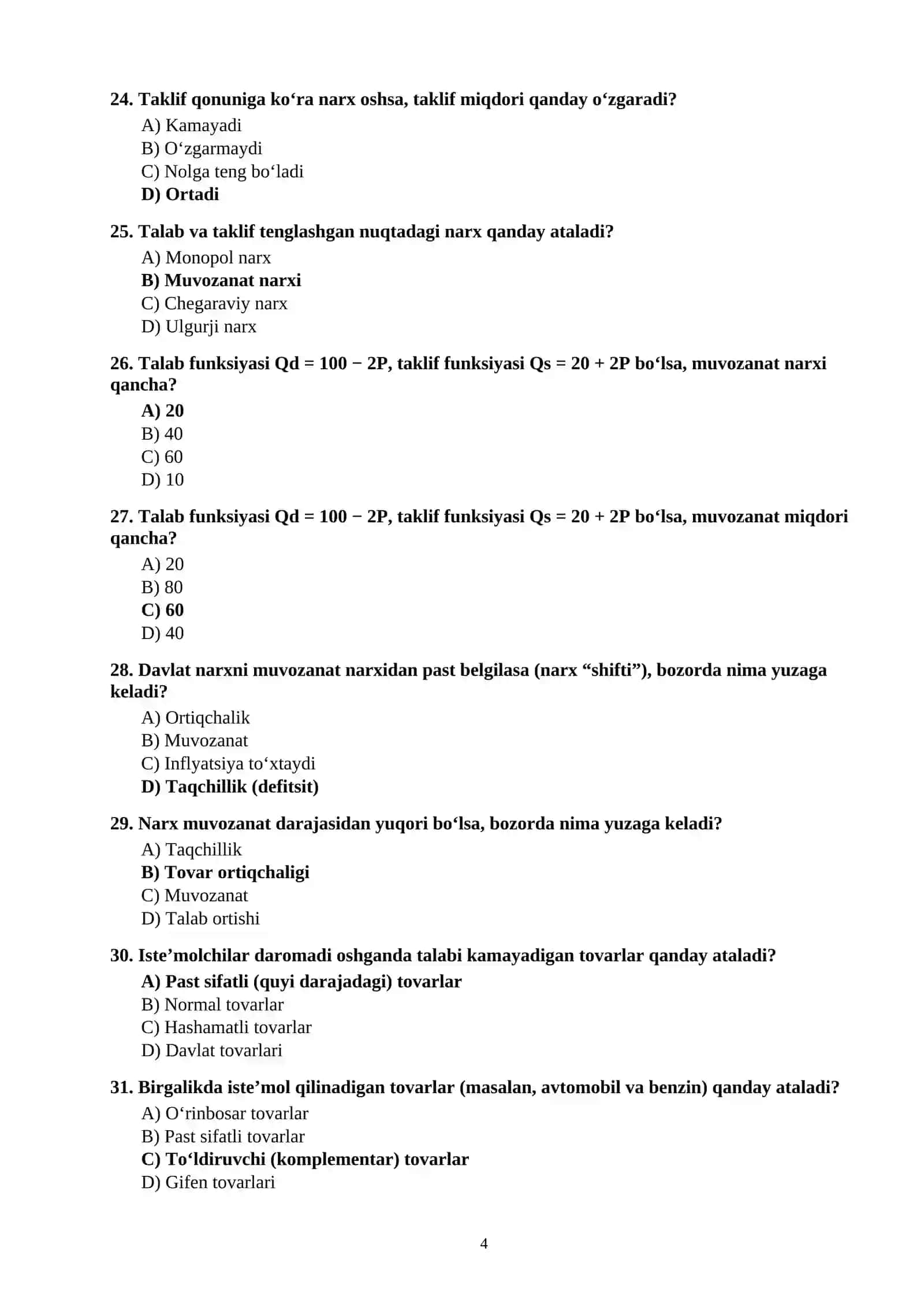 IQTISODIYOT” FANIDAN 100 TA TEST SAVOLLARI JAVOBLARI BILAN 4