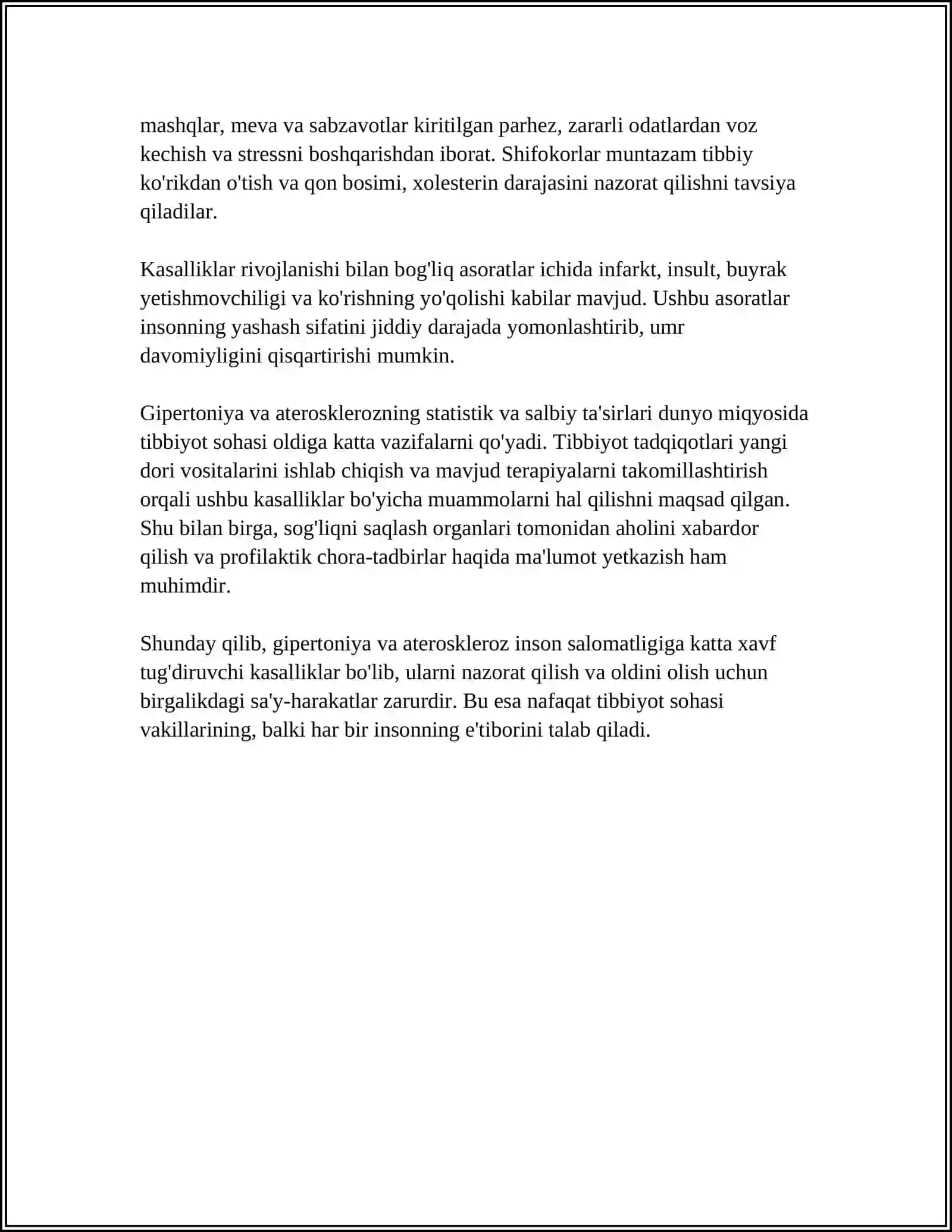 GEPERTANIYA VA ARTEROSKLEROZ KASALLIGI SABABI, TURLARI, KILINIKASI, KECHISHI, DAVOSI VA ASORATLARI REFERAT 4