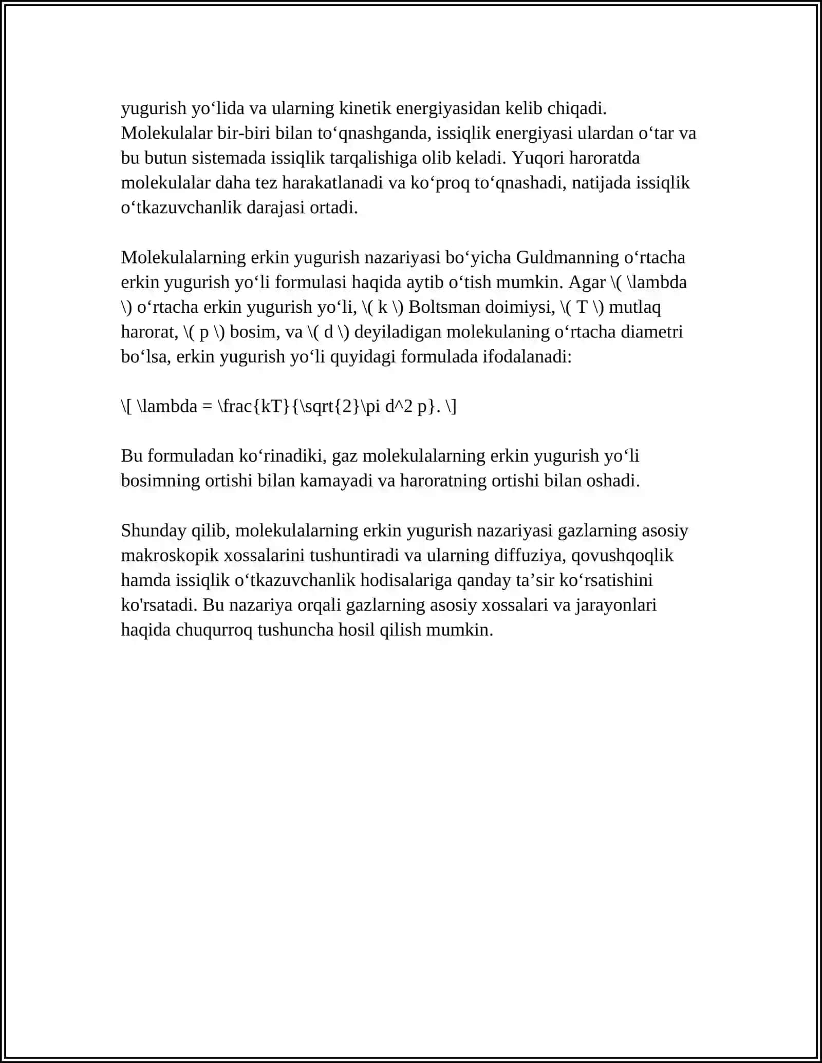 MOLEKULALARNI ERKIN YUGURISH YO‘LI. GAZLARDAN DIFFUZIYA, QOVUSHQOQLIK VA ISSIQLIK O‘TKAZUVCHANLIK 4