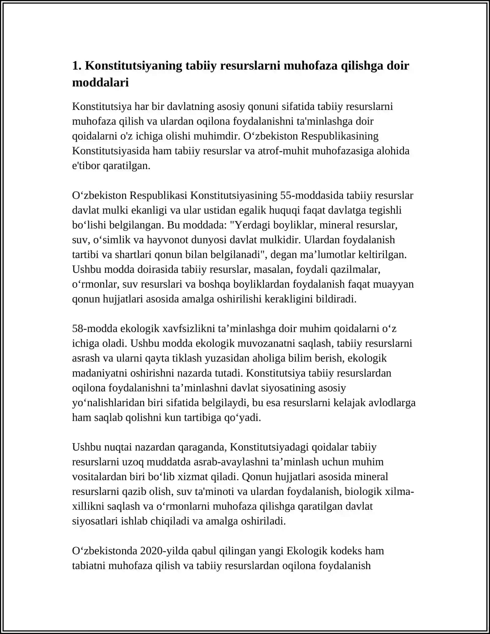 KONSTITUTSIYANING QAYSI MODDALARIDA TABIATNI ASRASHGA DOIR QONUNLARNI OʻRGANISH TAHLIL QILISH. PREZIDENT QARORLARINI OʻRGANISH 4