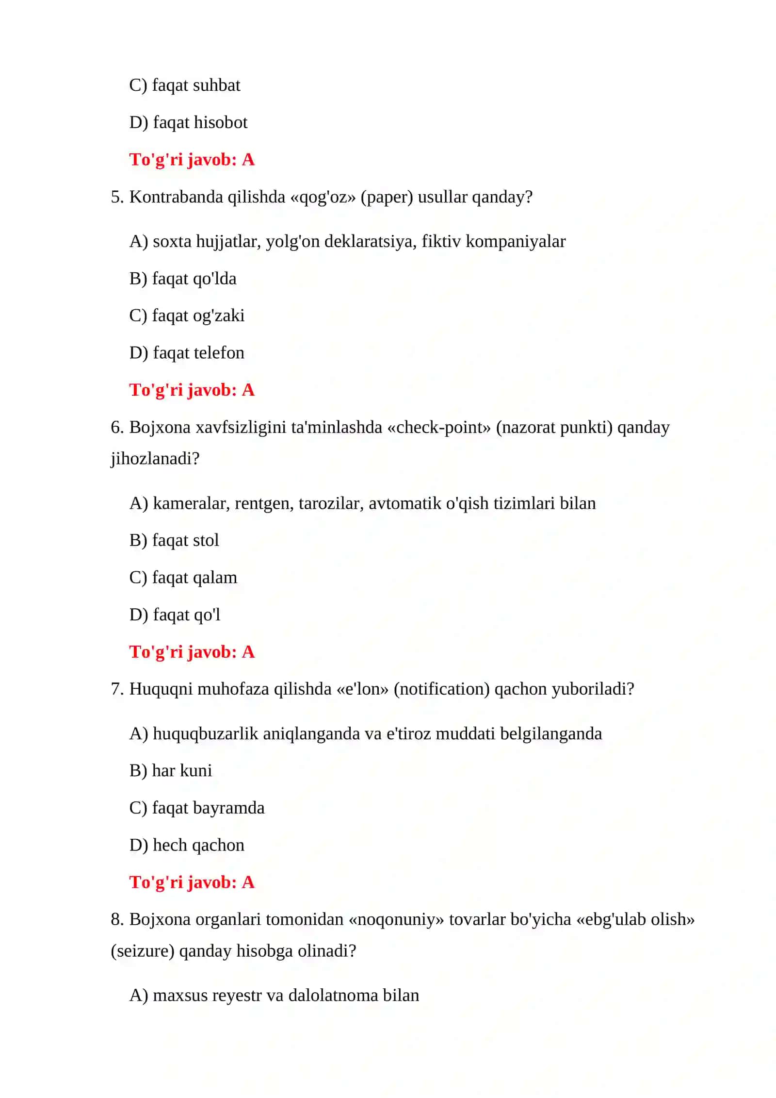 BOJXONA QOIDALARINI BUZISH TESTLARI 4