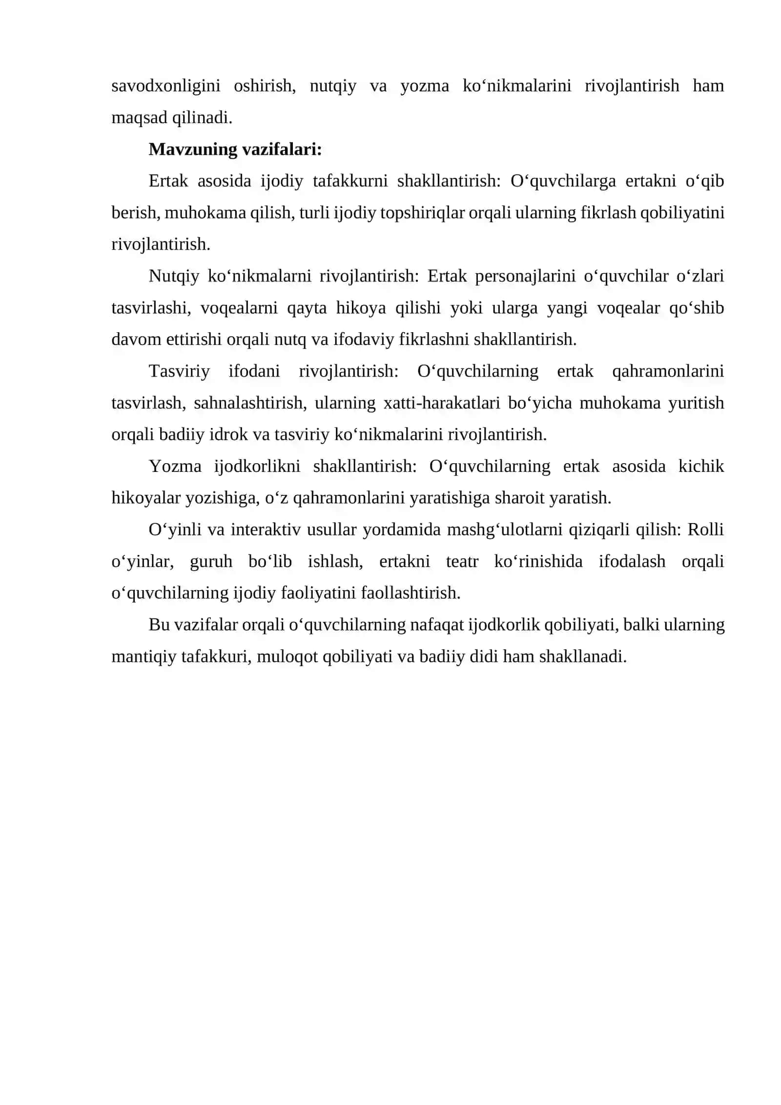 [“Boyo‘g‘li bilan Qarg‘a” ertagi asosida 2-sinf o‘quvchilarining ijodiy tafakkurini rivojlantirishga qaratilgan metodik yondashuvlarni o‘rganishga bag‘ishlangan] 4