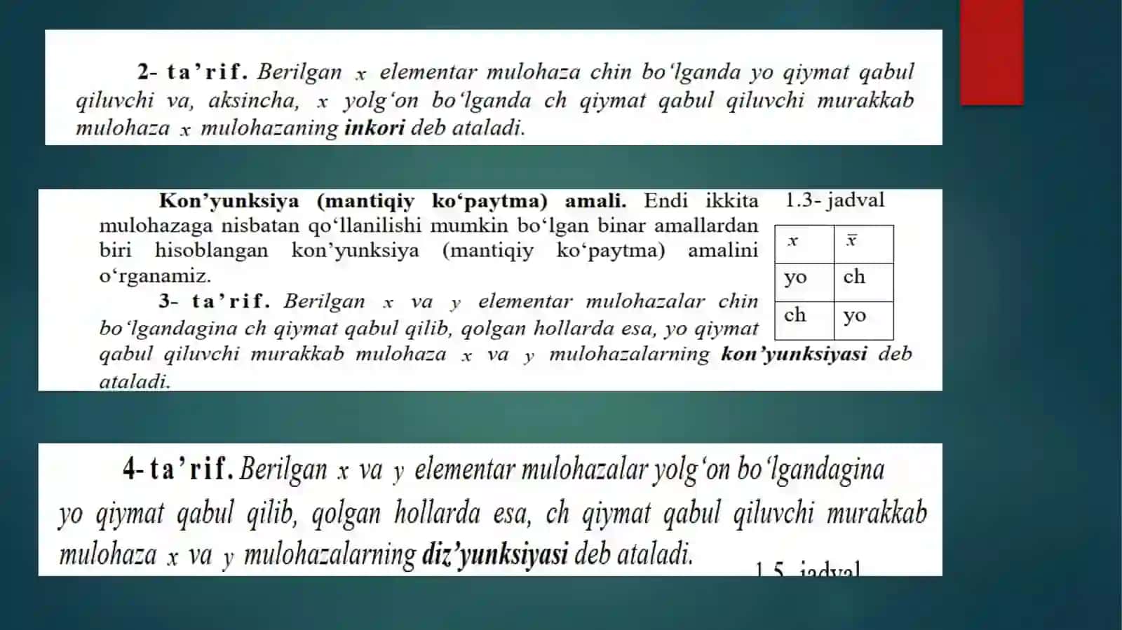 To‘plamlarnazariyasi. Munosabatlar. Binarmunosabatlar. Maxsusbinarmunosabatlar. Mulohazalaralgebrasi. Mulohazalarustidaamallar. Formulalar. Tengkuchliformulalar Mulohazalaralgebrasiformulasiningnormalshakllari. Mulohazalaralgebrasifunksiyalari(Bulfunksiyasi). Mantiqalgebrasiikkitaraflamaqonuni. Ikkilikprinsipi 4