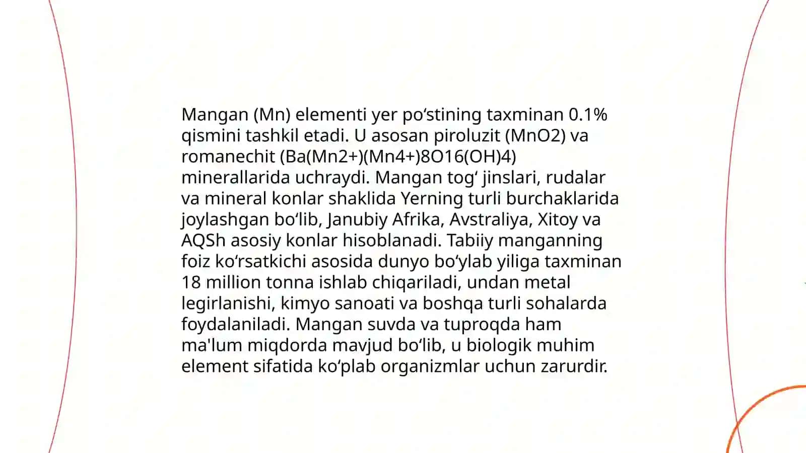 Davriy sistemaning VIIB guruh elementlari ( Mn, Tc, Re elementlari va birikmalarining tarqalishi,olinishi, xossalari,ishlatilishi) 4