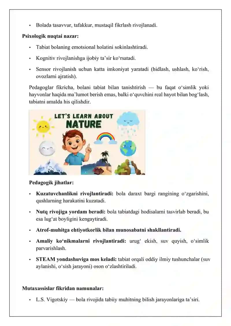 Pedagog-psixologlarning bolalarni tabiat bilan tanishtirishning ahamiyati haqidagi fikrlarini o‘rganish 4