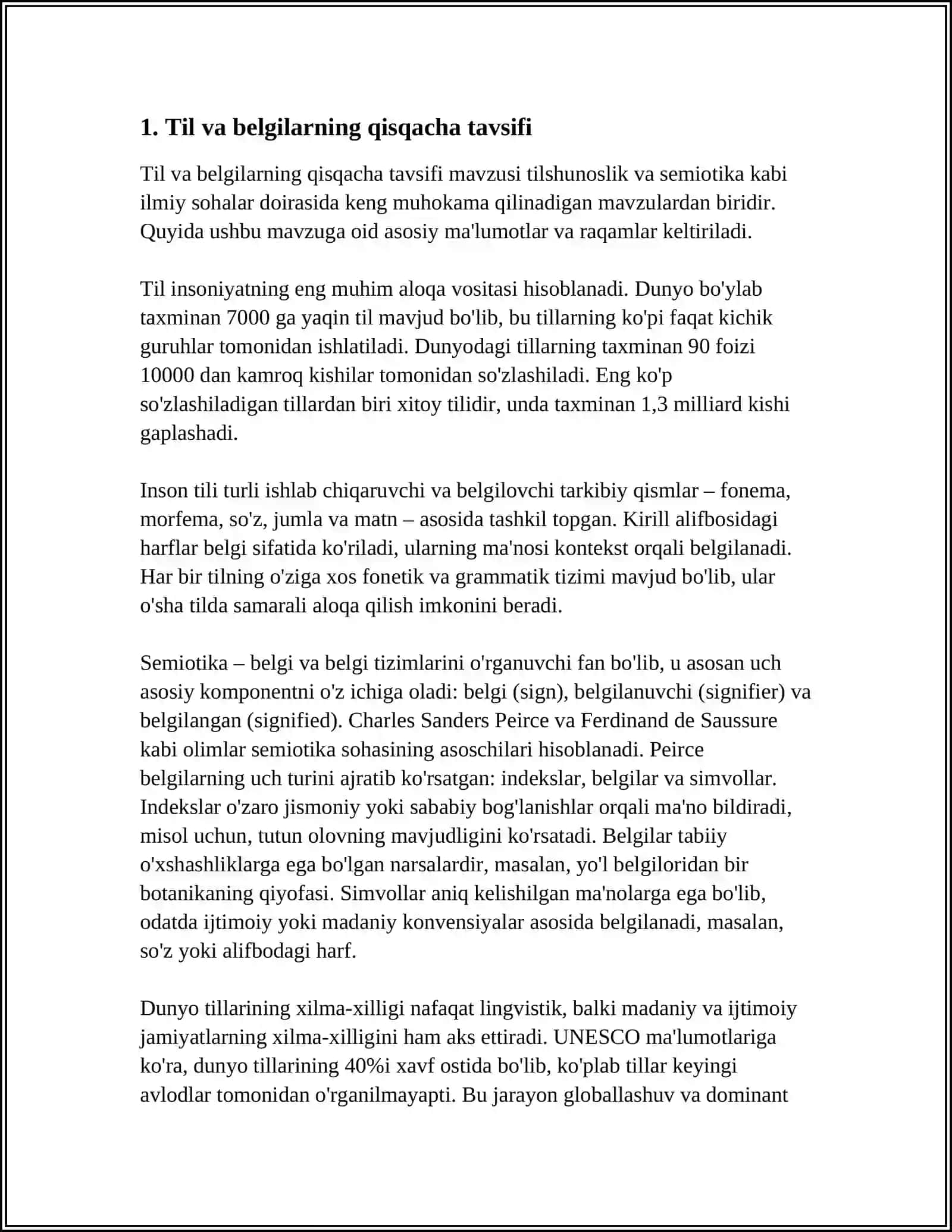 TIL BILAN BOSHQA BELGILAR TIZIMINING O‘XSHASHLIK VA FARQLI JIHATLARI. AXBOROT VA SIGNAL TUSHUNCHASI. TILSHUNOSLIKNING AXBOROT NAZARIYASI BILAN BOGʻLIQLIGI 4