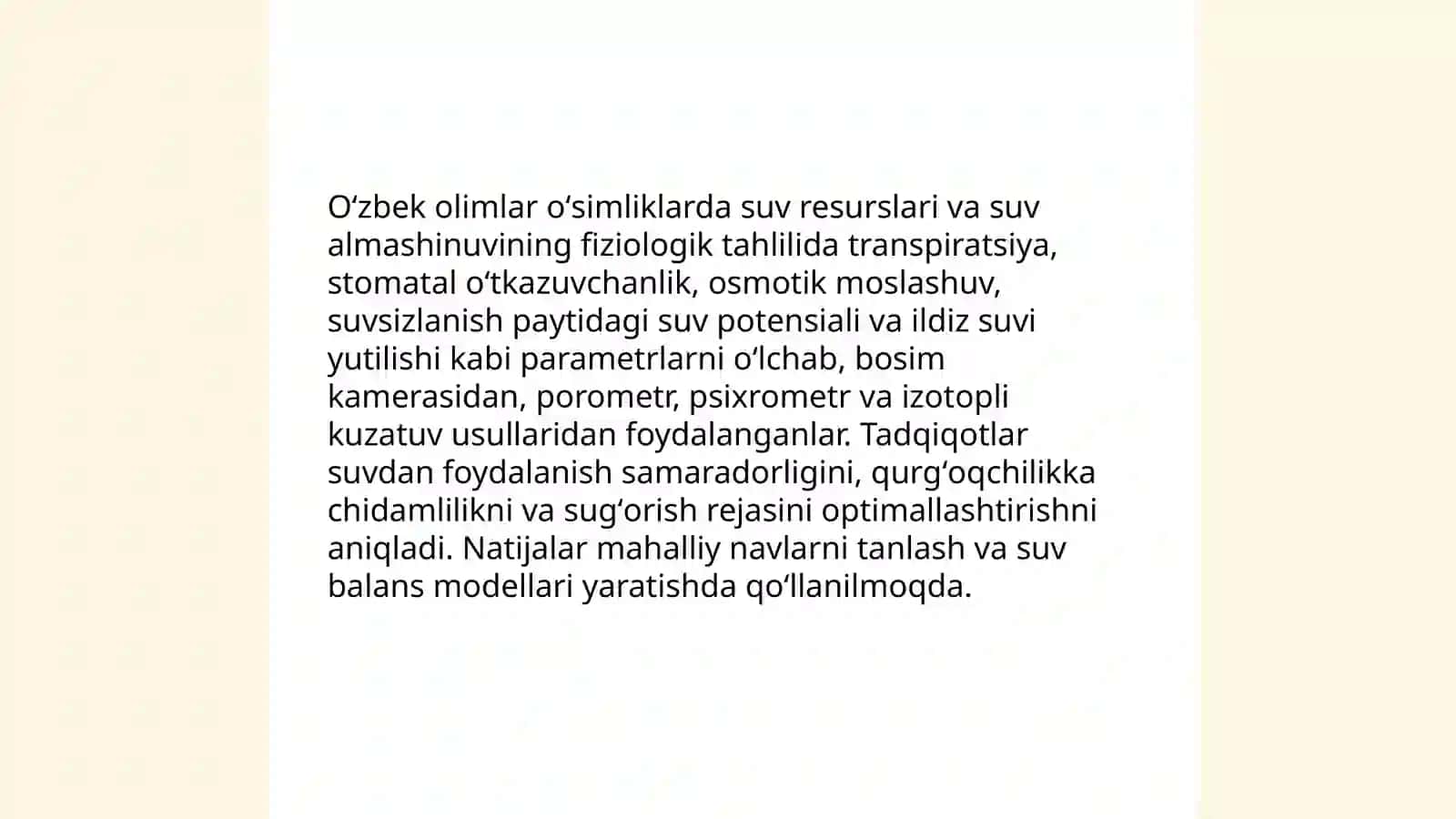 Oʻsimliklar fiziologiyasiga hissa qoʻshgan oʻzbek olimlari olib borgan ilmiy tadqiqot ishlari 4