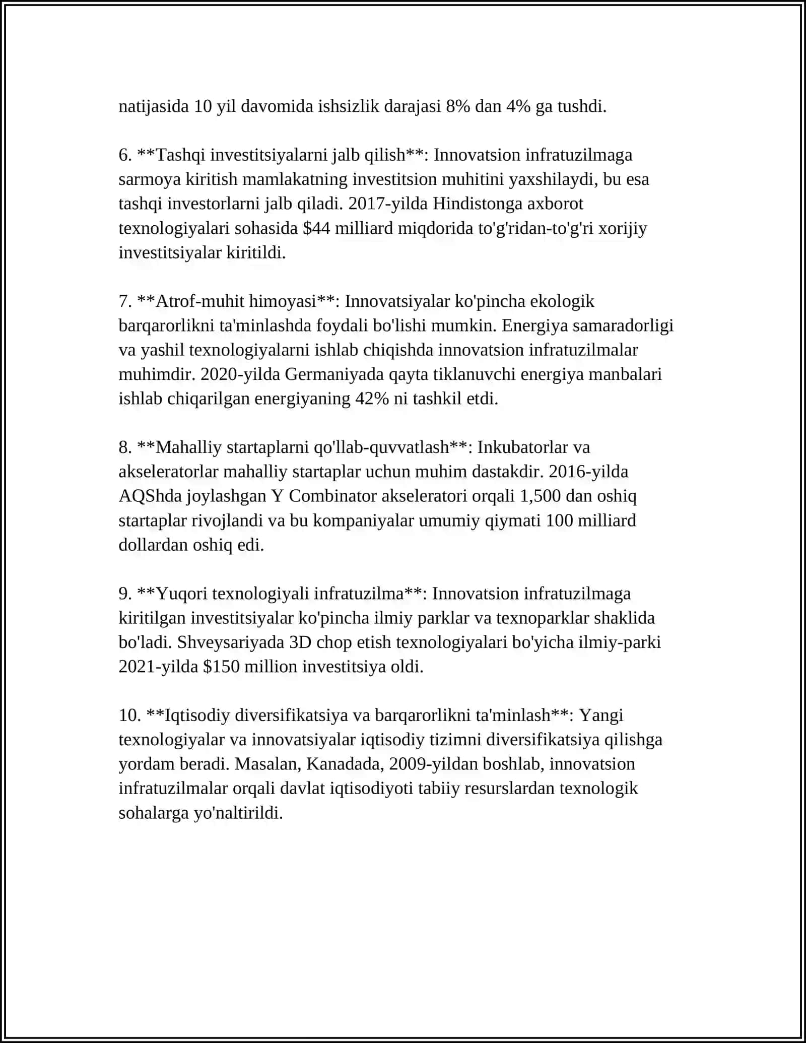 RIVOJLANAYOTGAN MAMLAKATLARDA INNAVATSION INFRATUZILMA SUB'EKTLARIGA INVESTITSIYALAR ASOSIDA MOLIYALASHTIRISH 4