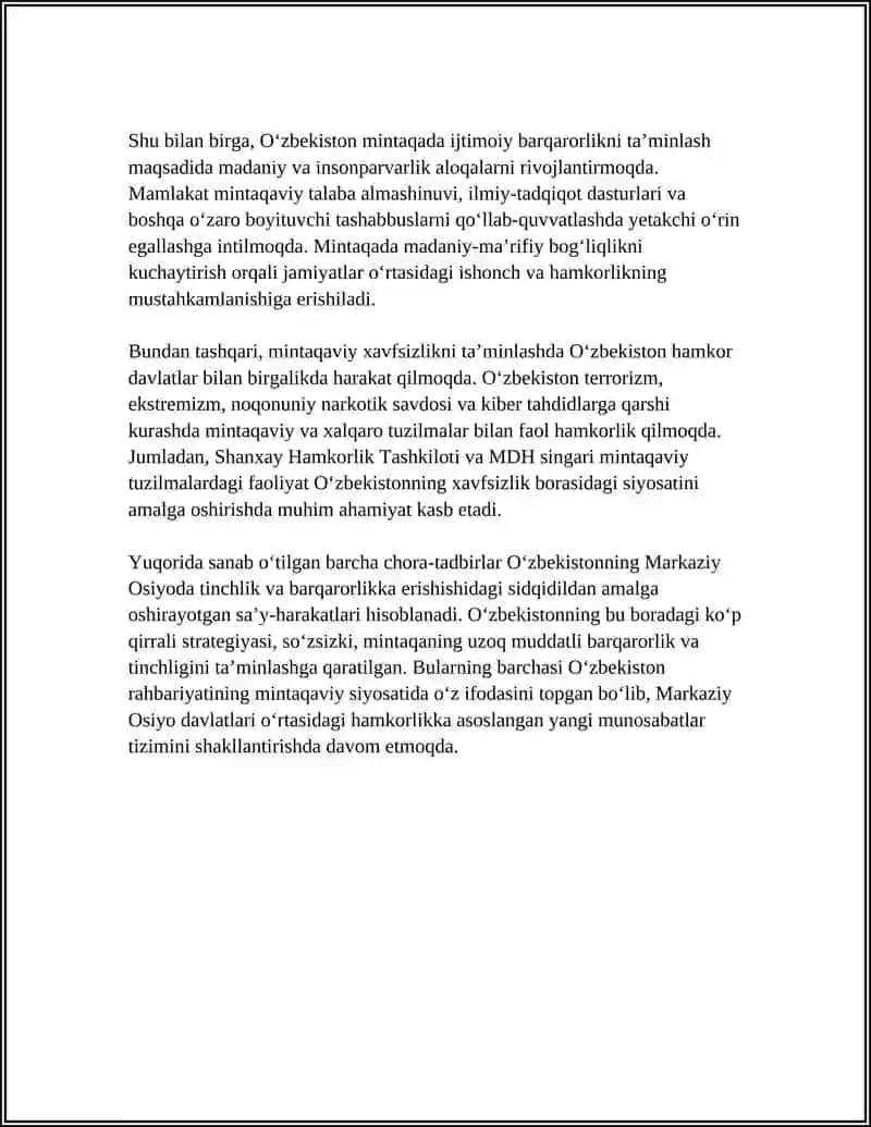 O‘ZBEKISTONNING MARKAZIY OSIYODA TINCHLIK VA BARQARORLIKNI TA'MINLASHDAGI OʻRNI 4