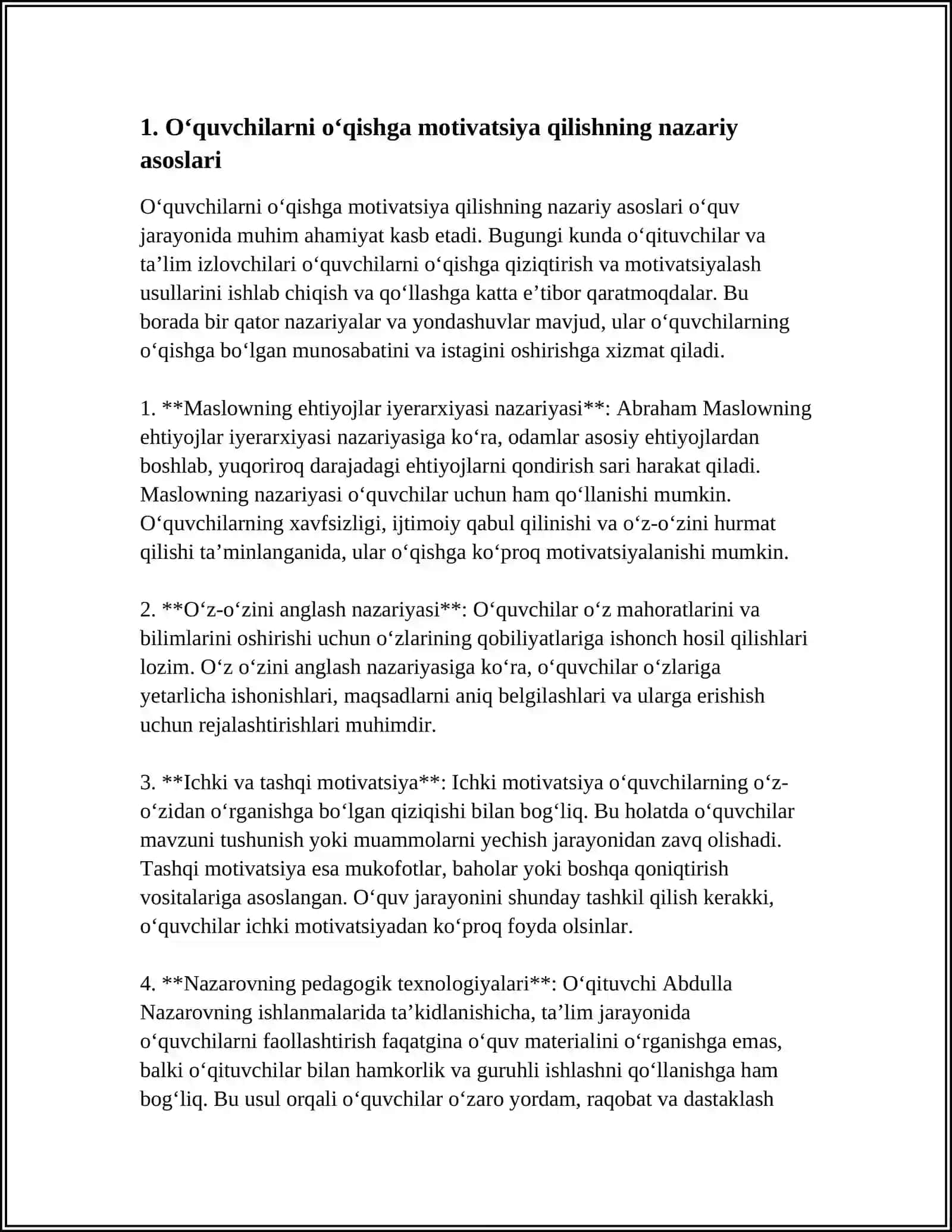 O‘QUV MATIVATSIYALARI VA O‘QUVCHILARNING O‘QISHGA EMOTSIONAL MUNOSABATLARINI O‘RGANISH PSIXOLOGIK METODIKALARI 4