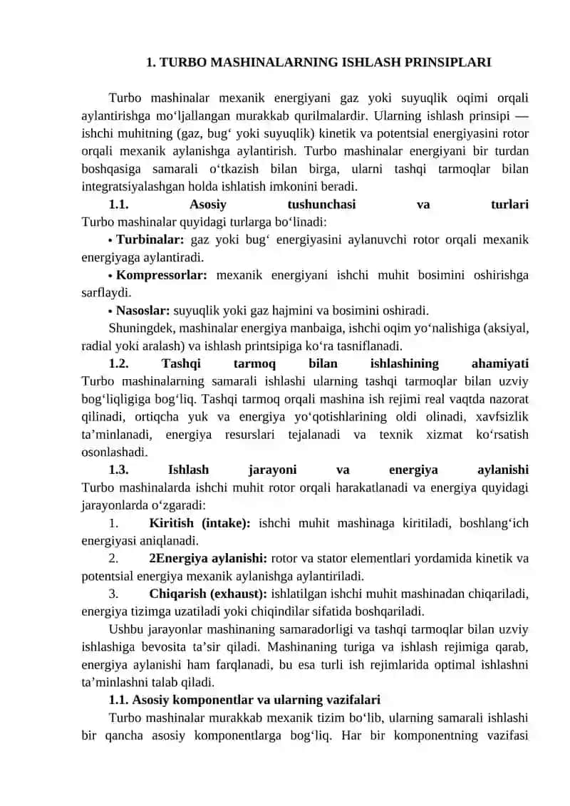 Turbo mashinalarni tashqi tarmoq bilan birgalikda ishlashi, ish rejimi va unga qo'yiladigan talablar 4