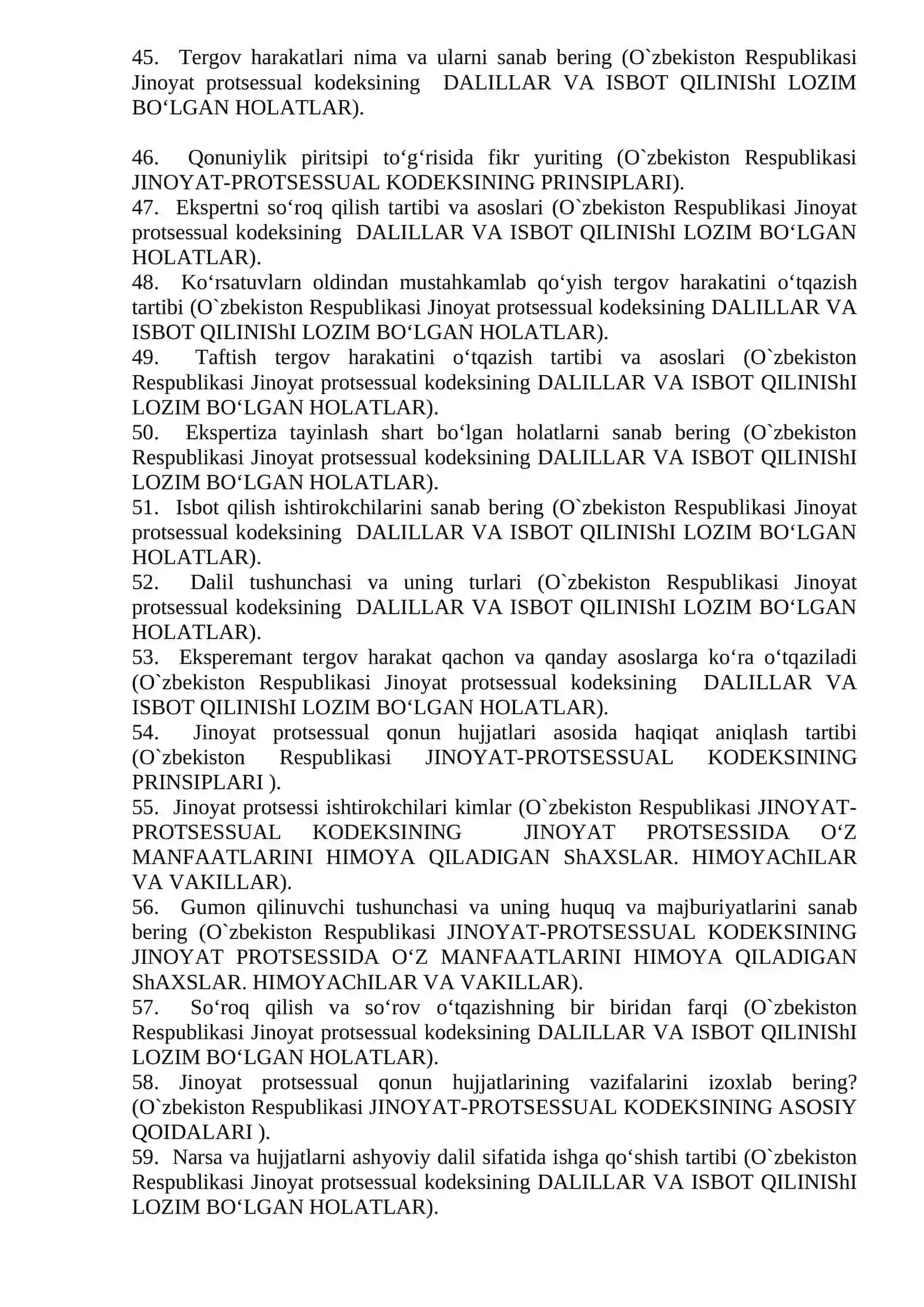 Jinoyat-protsessual huquqi fani bo‘yicha namunaviy yakuniy imtihon savollari 4
