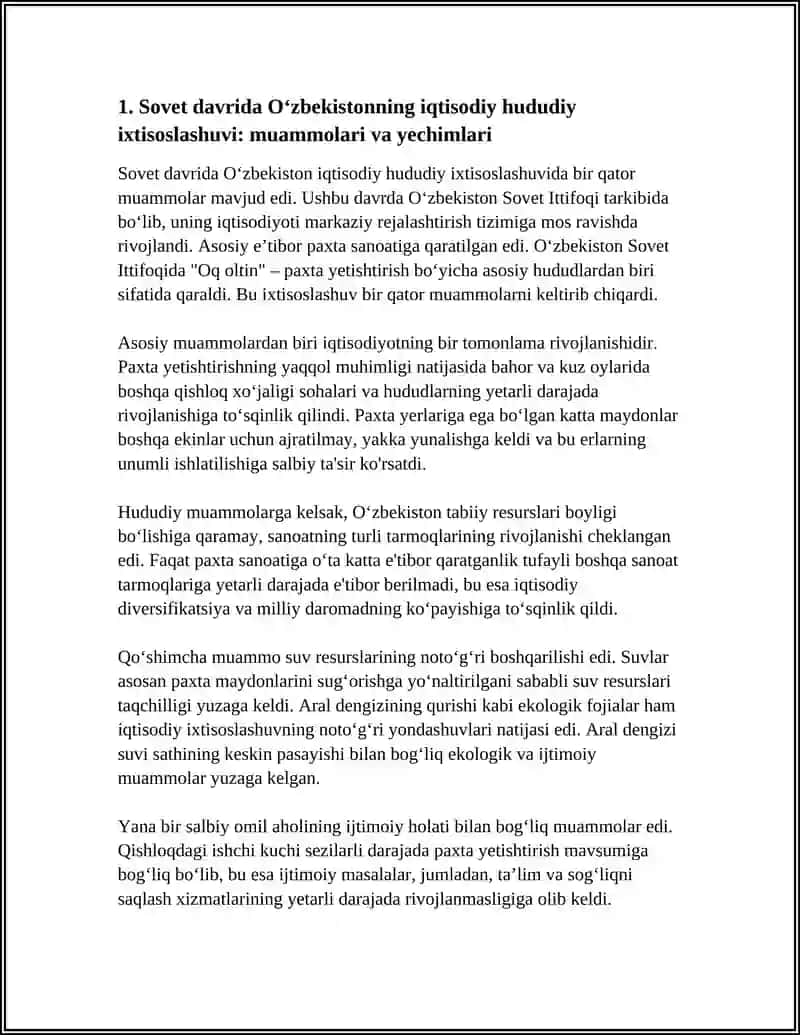 SOBIQ ITTIFOQ DAVRIDA IJTIMOIY VA IQTISODIY GEOGRAFIYA.OZBEKISTONDA IQTISODIY VA IJTIMOIY GEOGRAFIYA RIVOJLANISH XUSUSIYATLARINI MAVZULARINI MASALALARI YECHIMLARINI TAYYORLASH 4