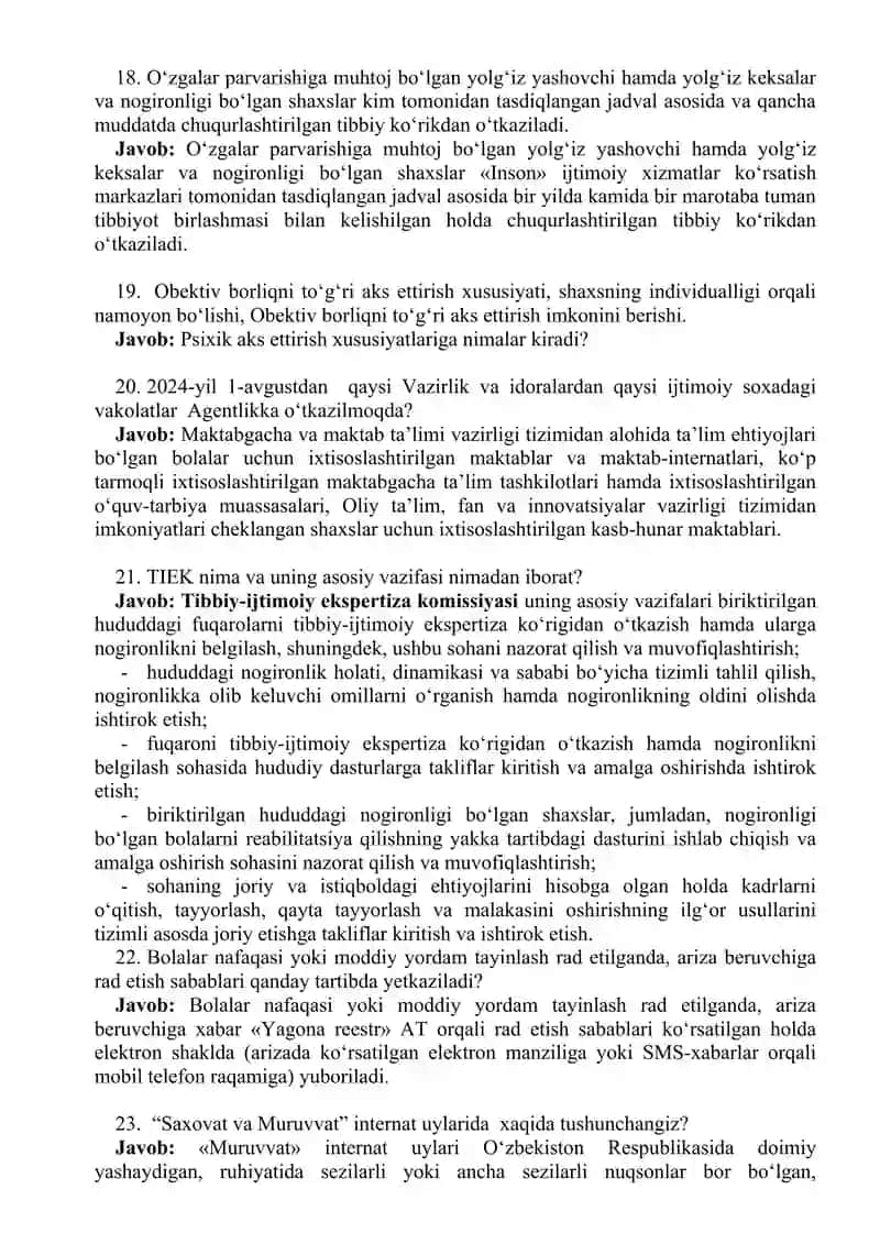 O‘zbekiston Respublikasi Prezidenti xuzuridagi  ijtimoiy ximoya milliy agentligi  boshqarmasida (vakant) bo‘lgan lavozimga xujjat topshirgan Nomzodlarga beriladigan suhbat SAVOL JAVOBI BILAN 4